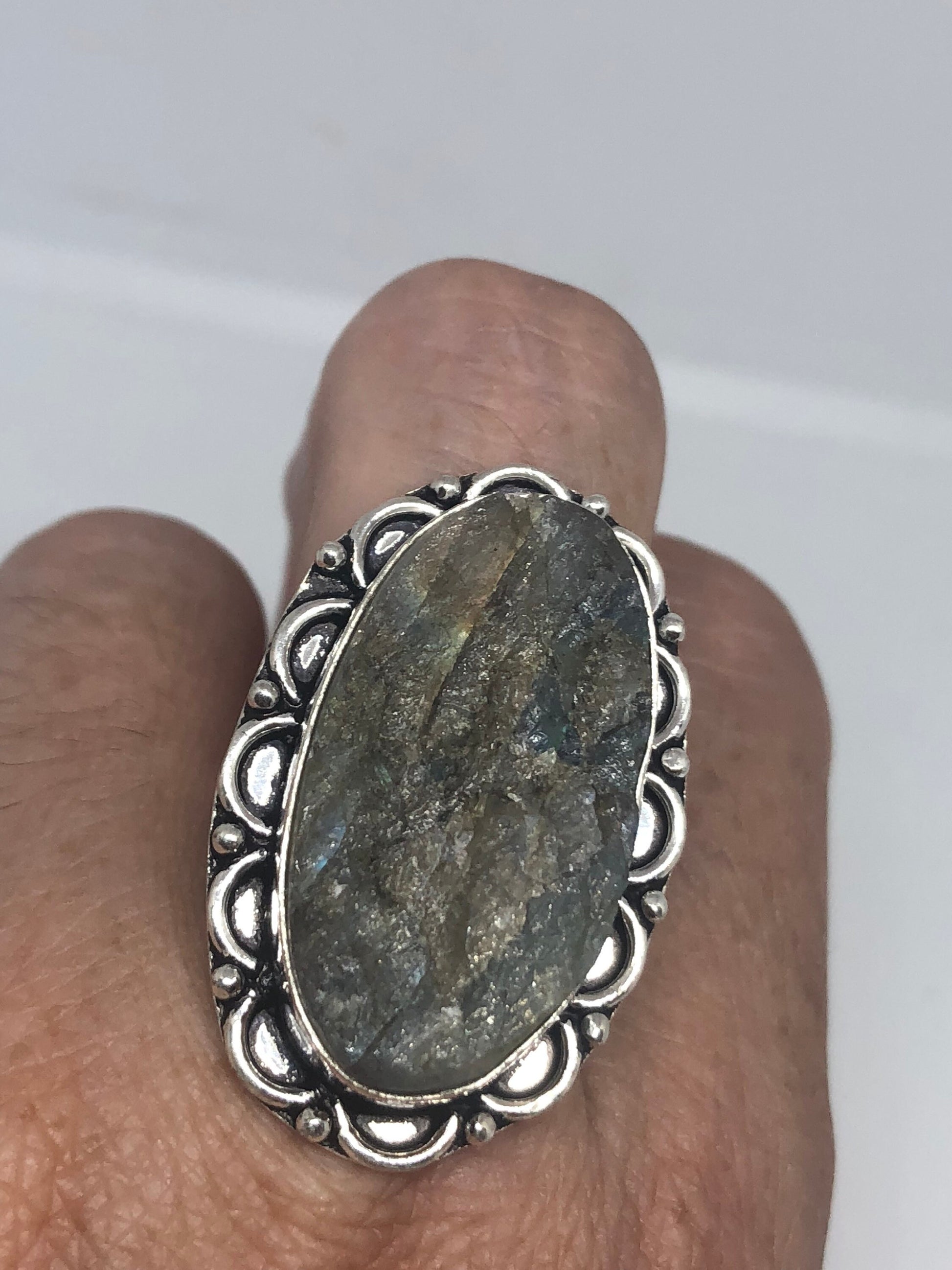 Vintage Large Blue Green Labradorite Stone Silver Ring