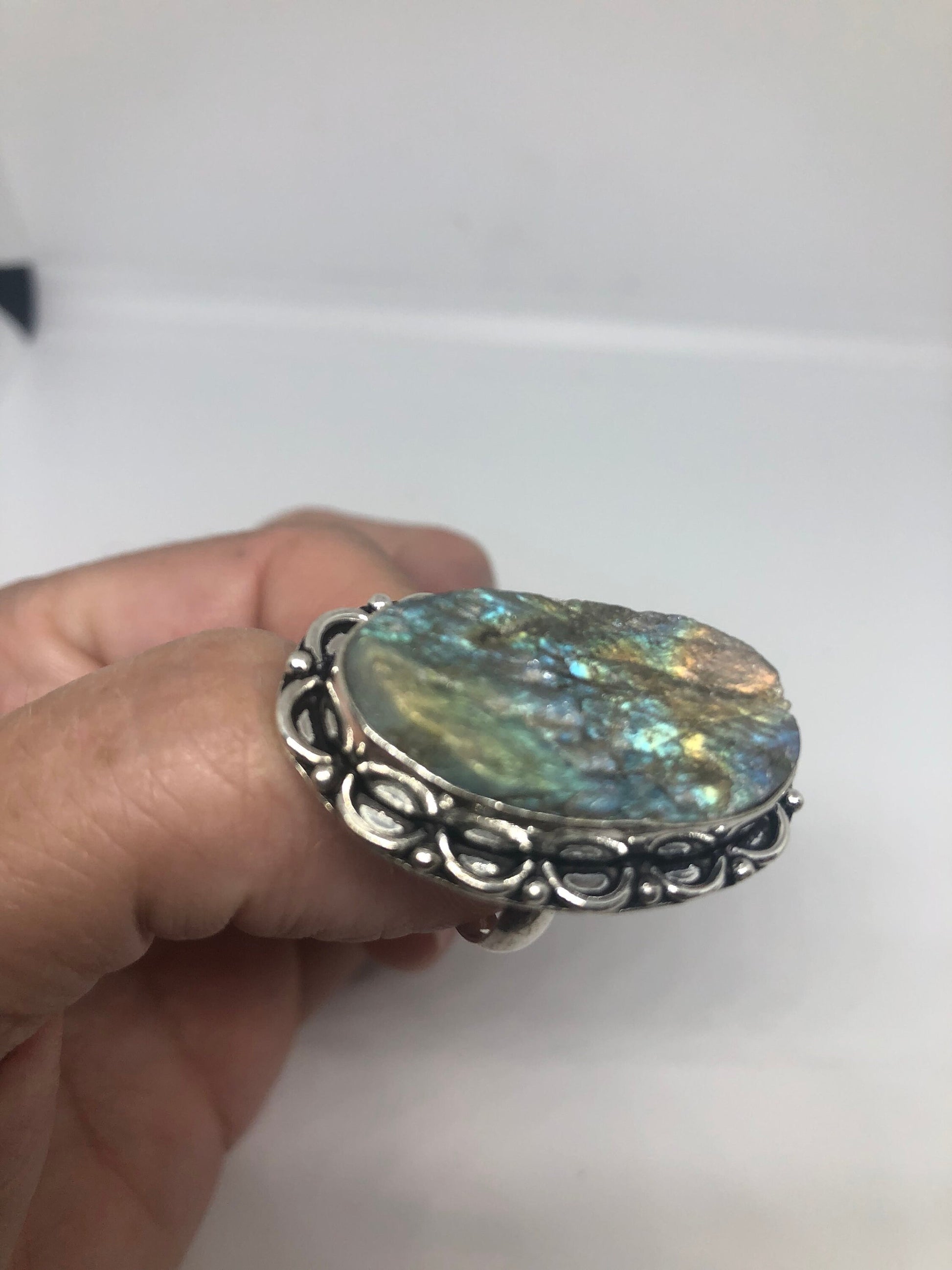 Vintage Large Blue Green Labradorite Stone Silver Ring