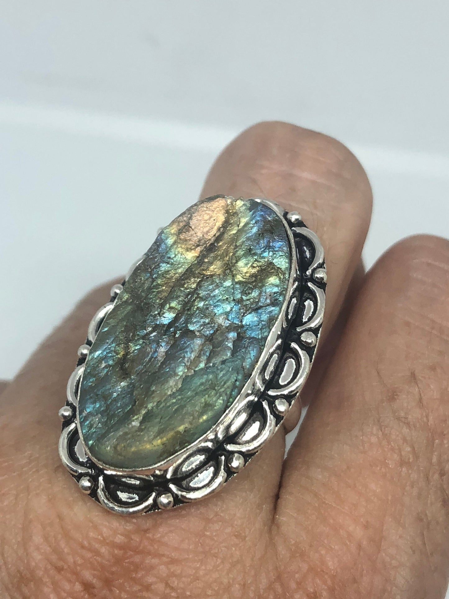 Vintage Large Blue Green Labradorite Stone Silver Ring