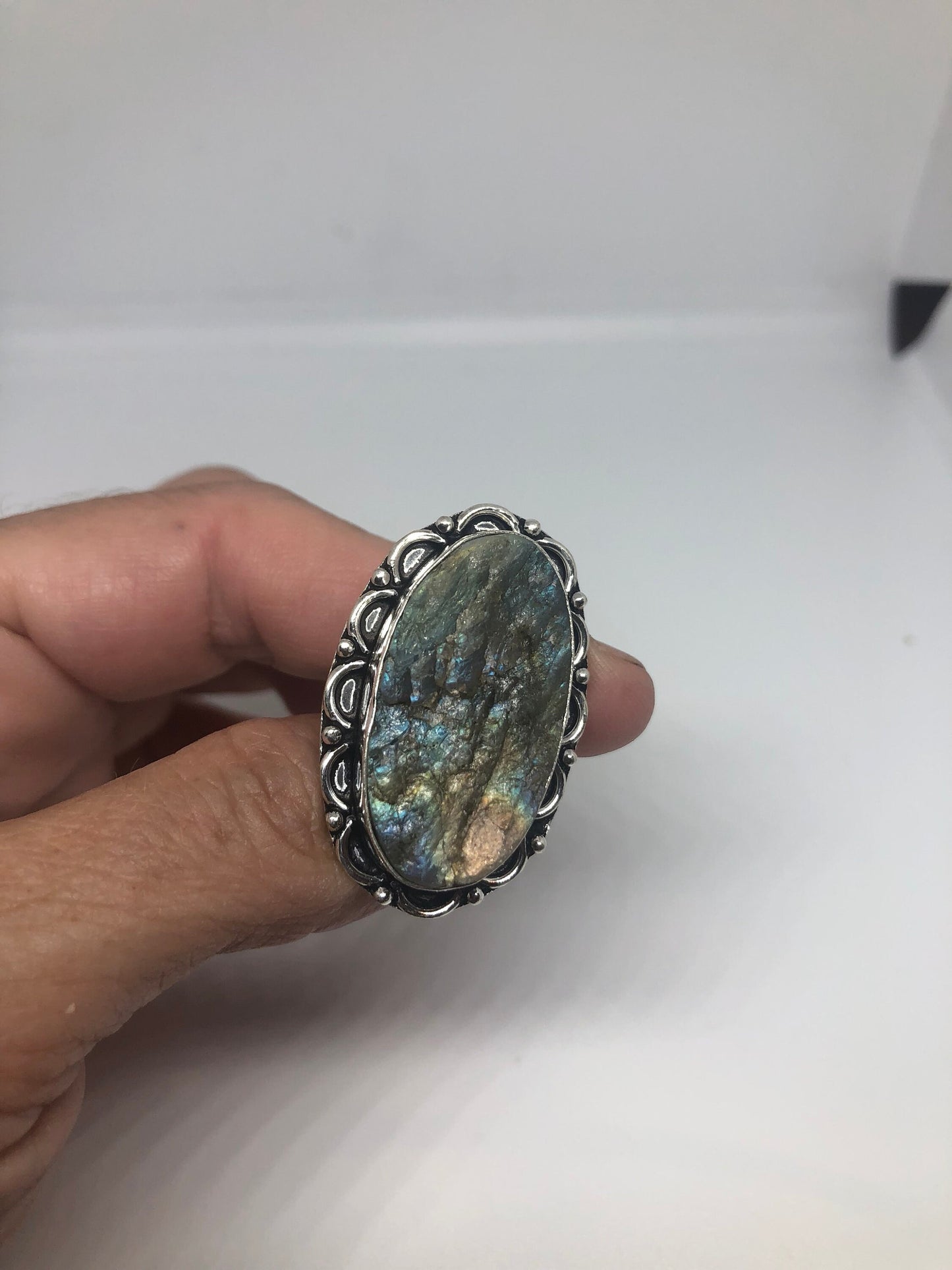 Vintage Large Blue Green Labradorite Stone Silver Ring