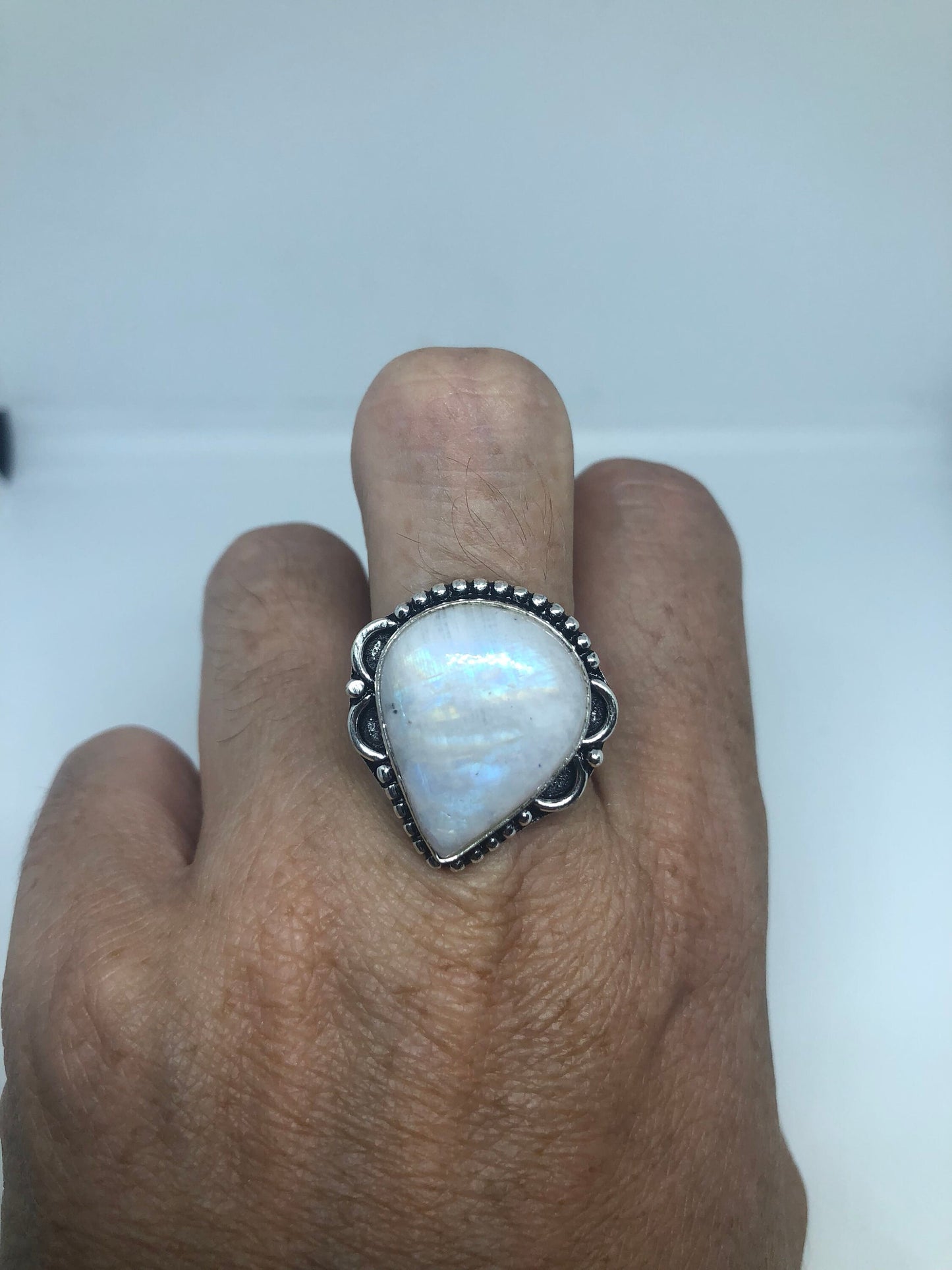 Vintage Large Blue White Rainbow Moonstone Stone Silver Ring