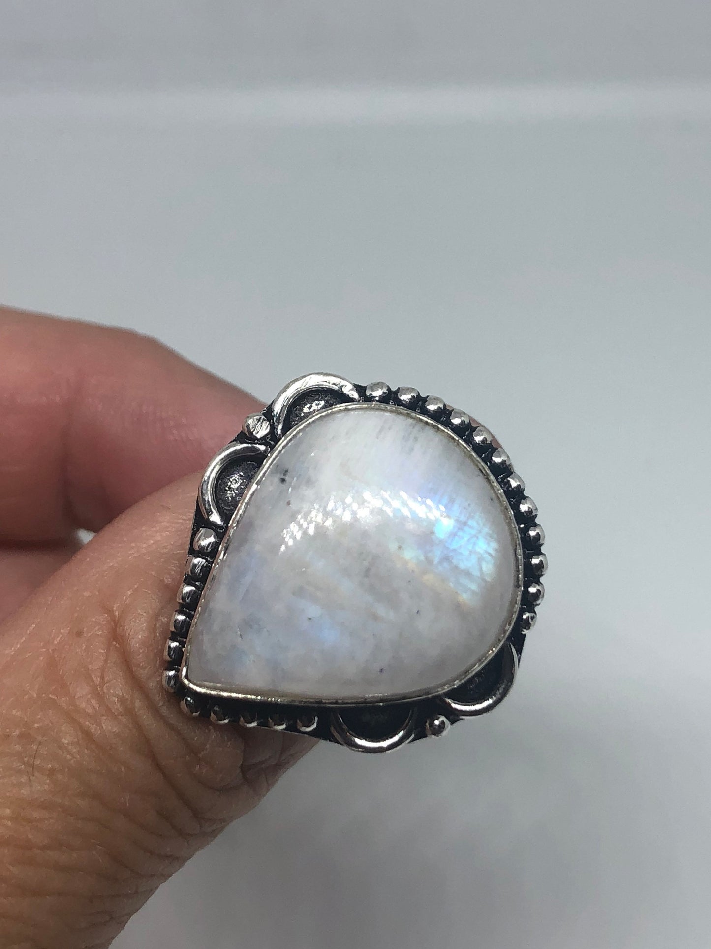 Vintage Large Blue White Rainbow Moonstone Stone Silver Ring