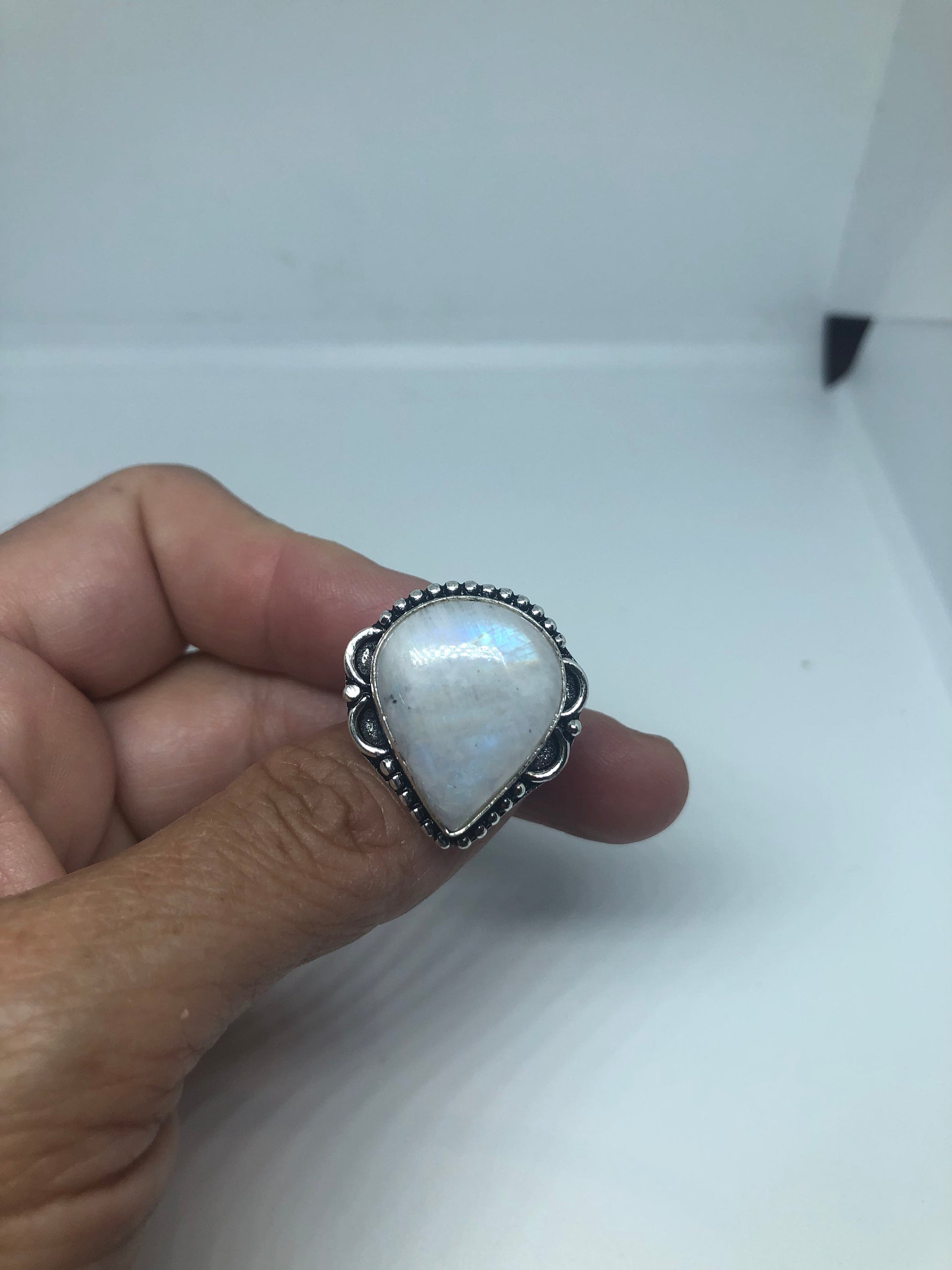 Vintage Large Blue White Rainbow Moonstone Stone Silver Ring