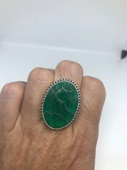 Vintage Green Raw Emerald Silver Bronze Statement Boho Ring