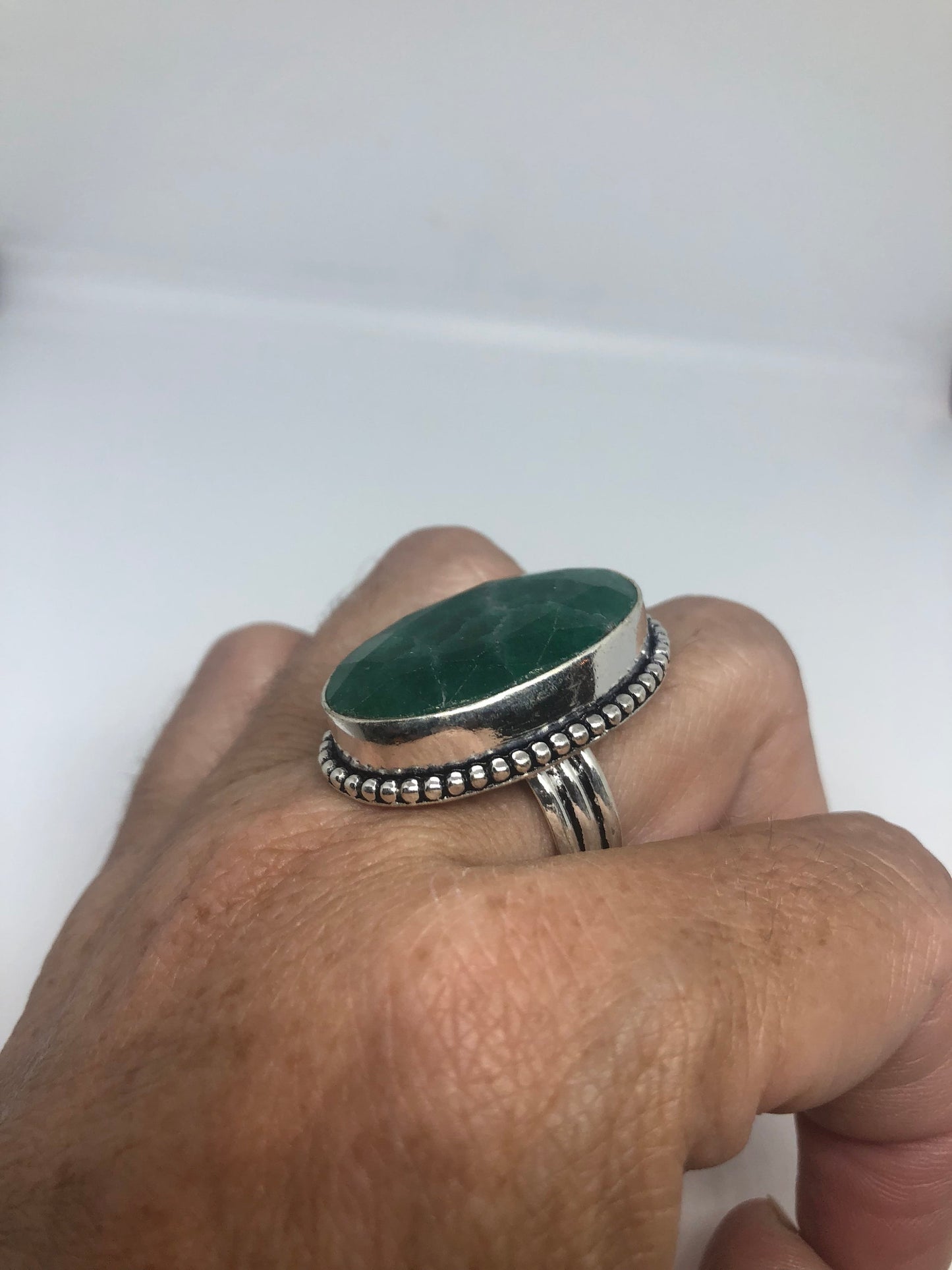 Vintage Green Raw Emerald Silver Bronze Statement Boho Ring