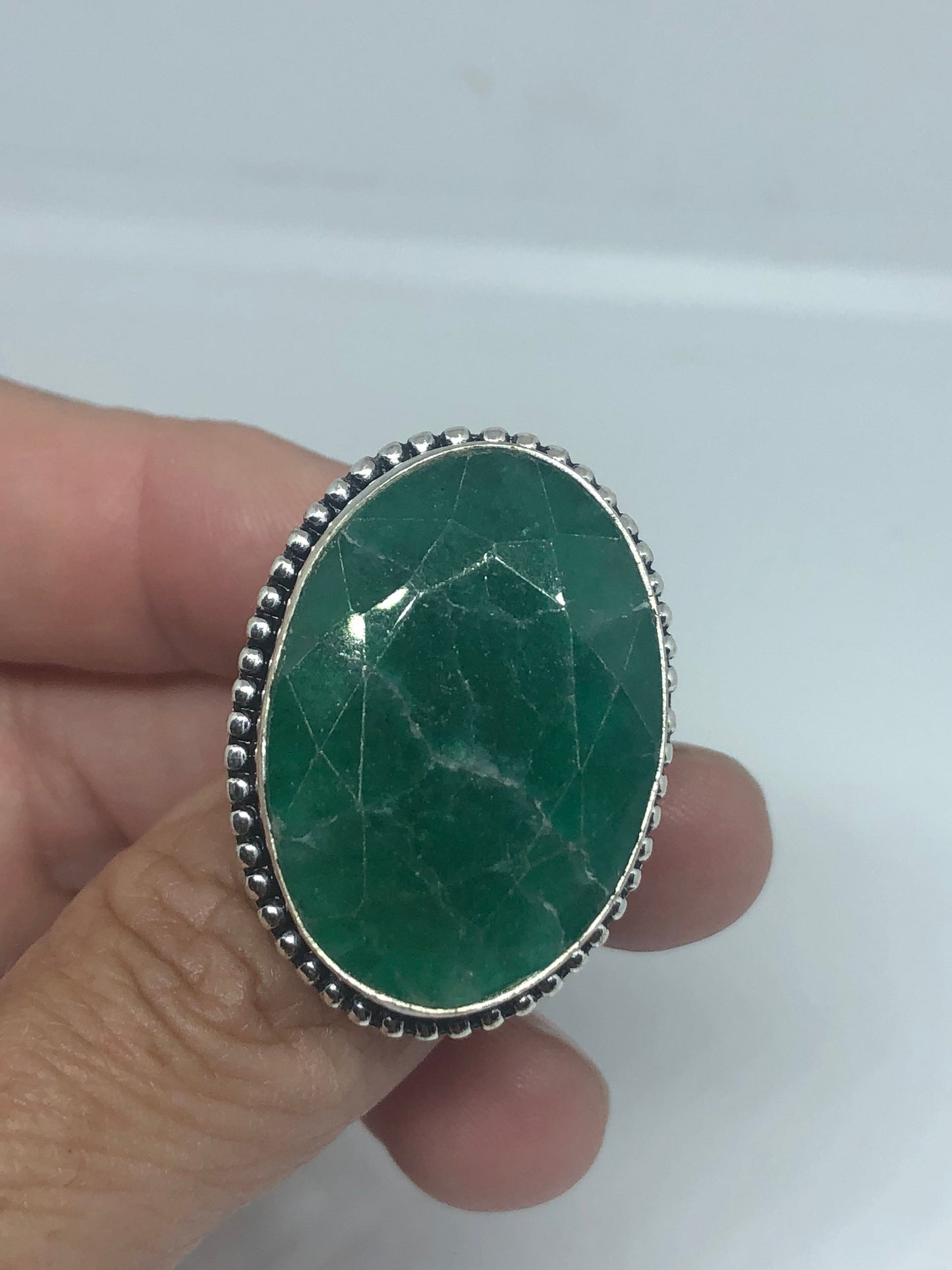 Vintage Green Raw Emerald Silver Bronze Statement Boho Ring