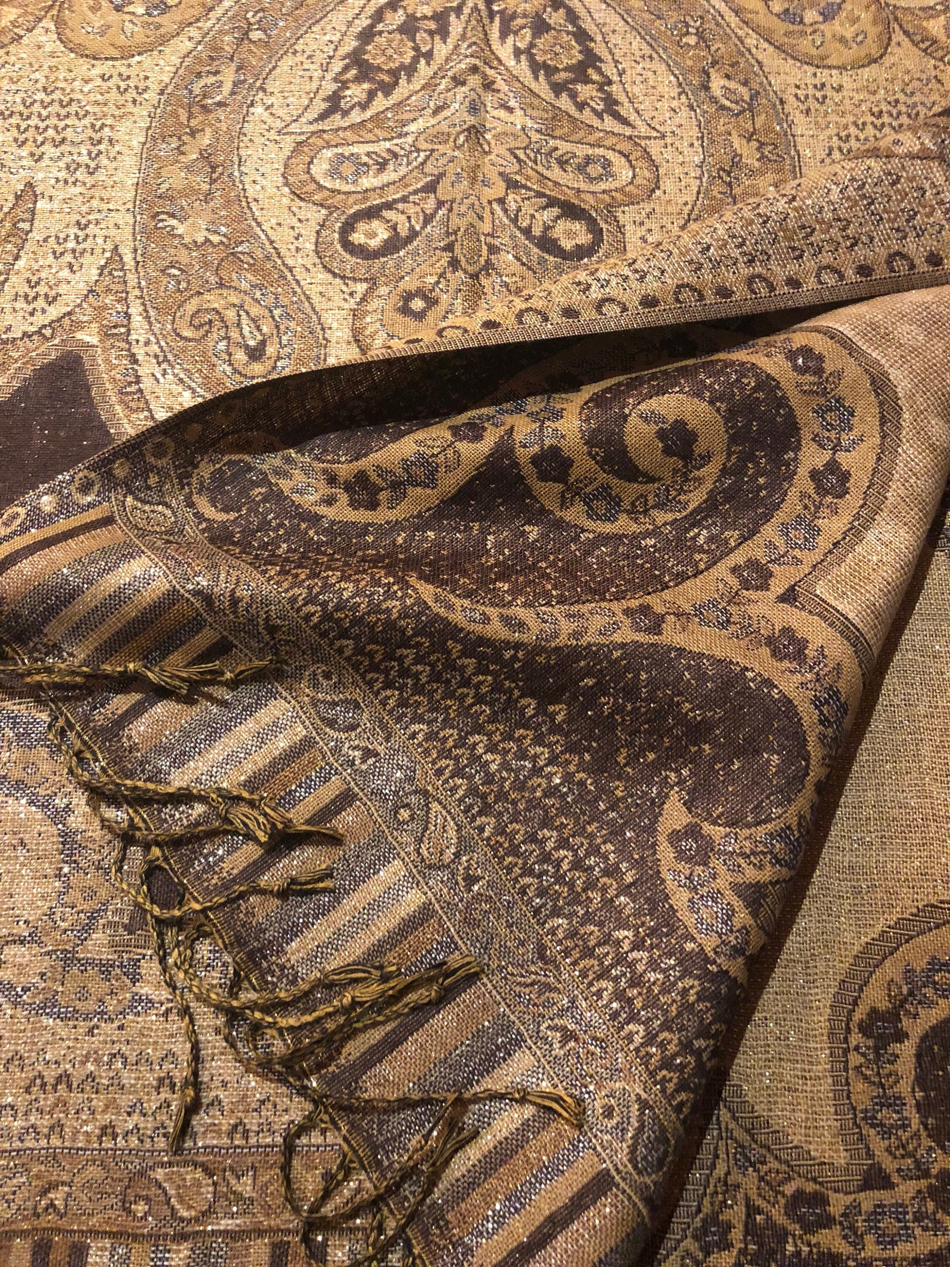 Vintage Choclate Brown Metallic Paisley Brocade Pashmina Scarf Wrap Shawl