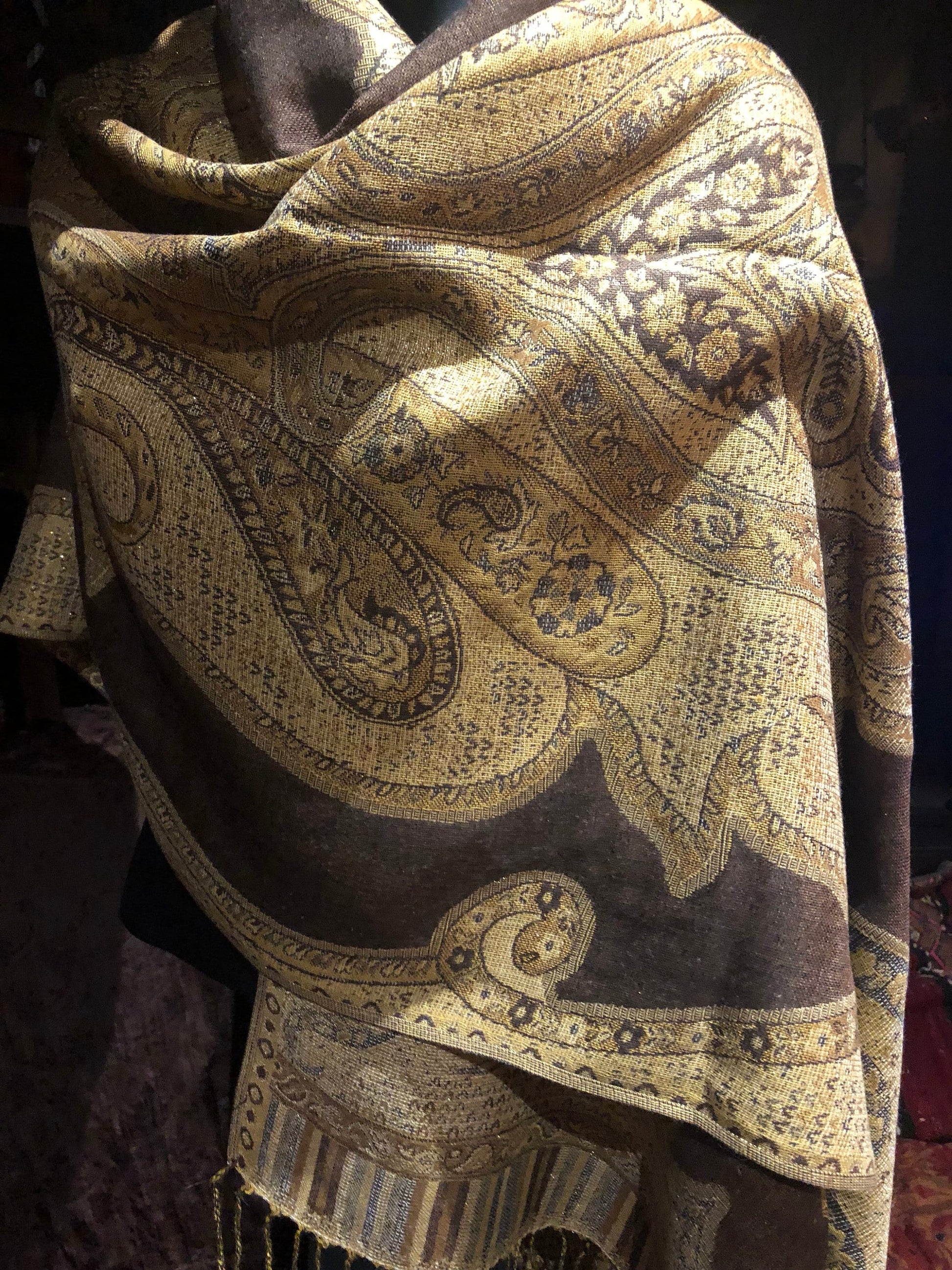 Vintage Choclate Brown Metallic Paisley Brocade Pashmina Scarf Wrap Shawl