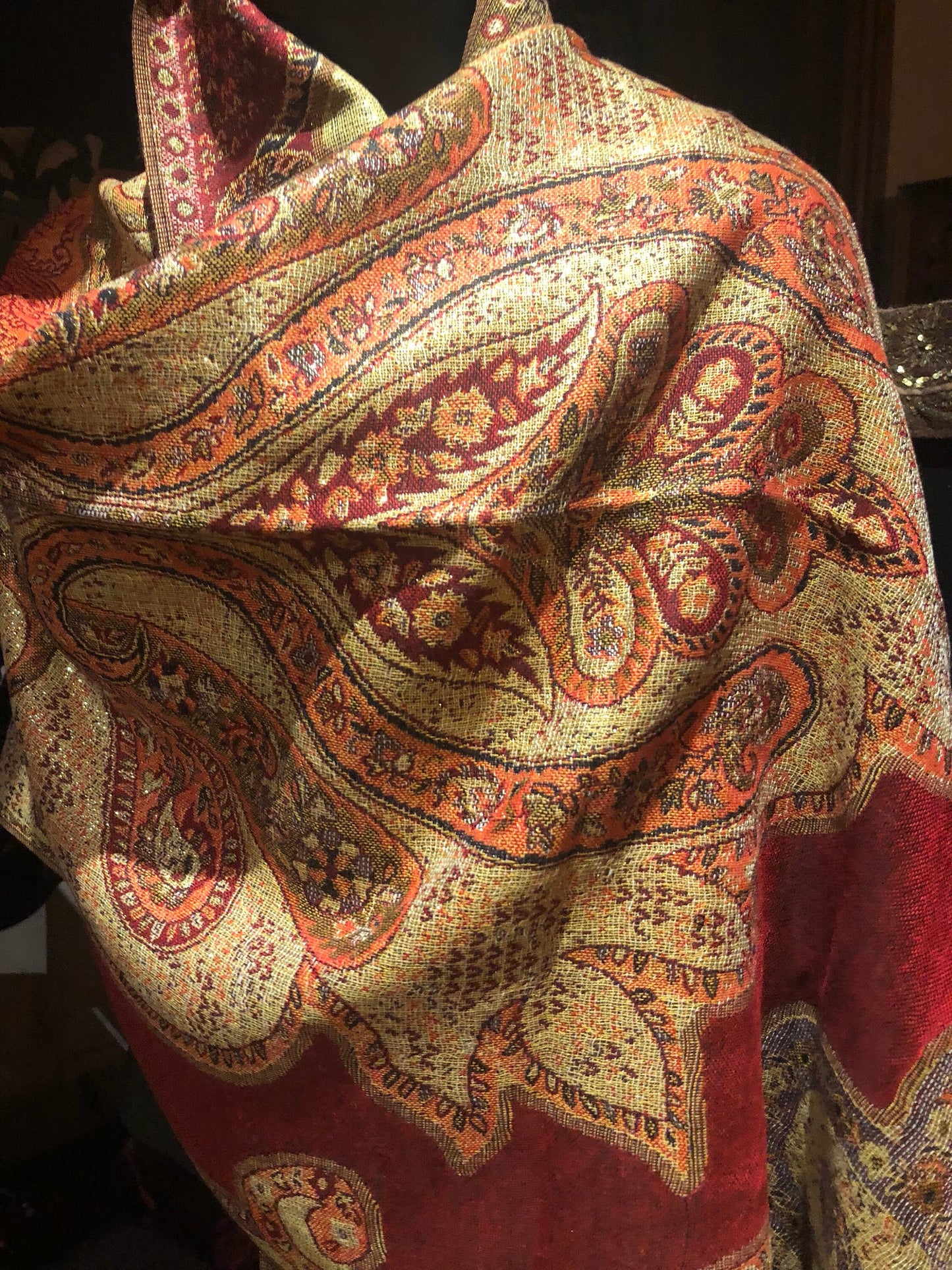 Red Metallic Vintage Paisley Brocade Pashmina Scarf Wrap Shawl