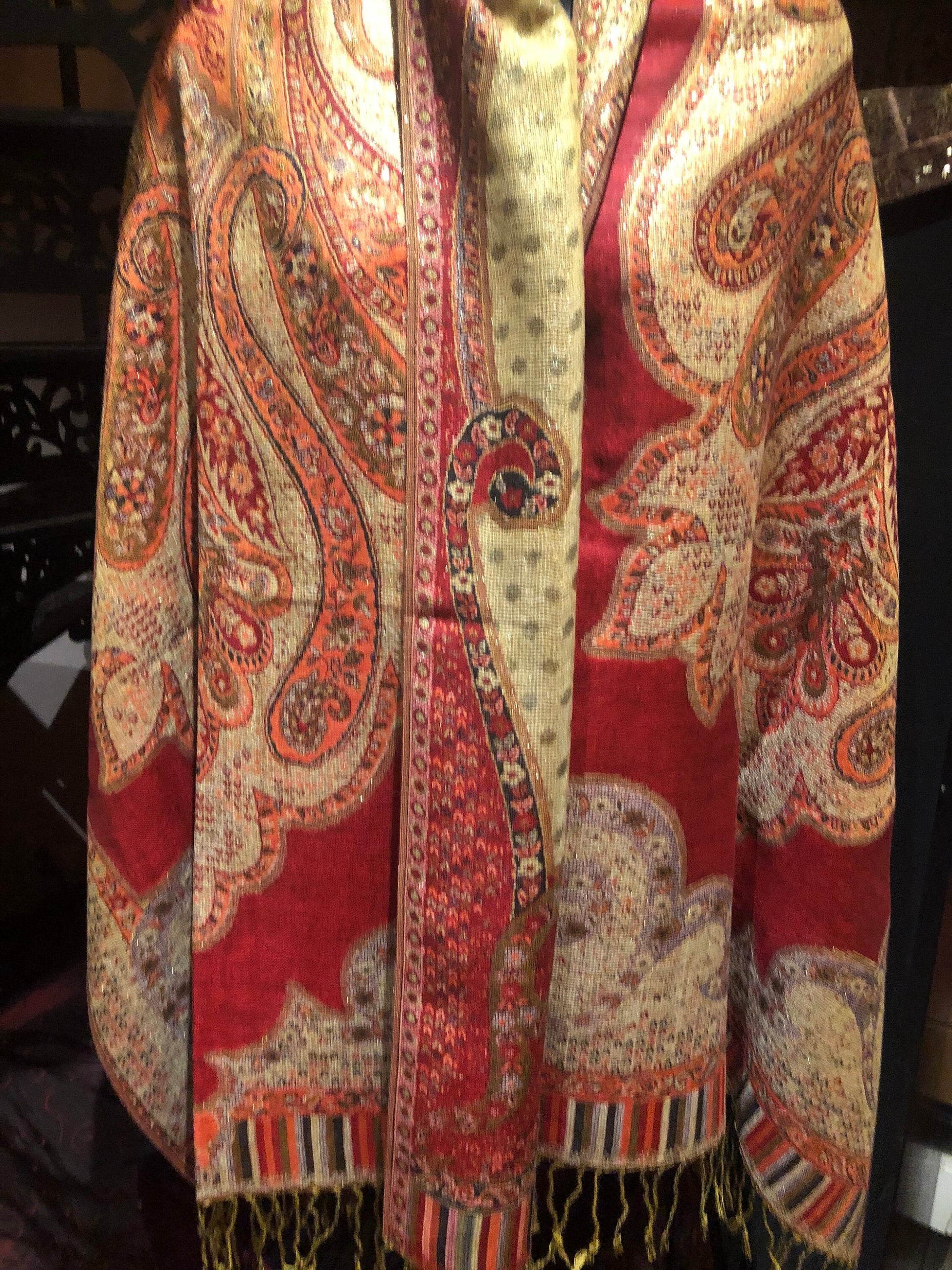 Red Metallic Vintage Paisley Brocade Pashmina Scarf Wrap Shawl