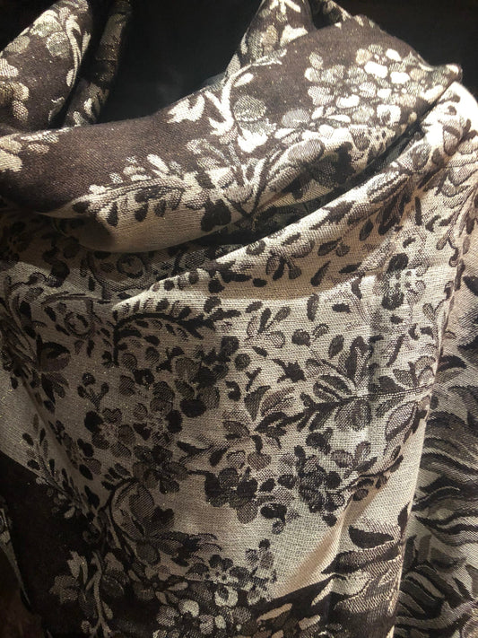 Vintage Brown White Silver Flower Brocade Pashmina Scarf Wrap