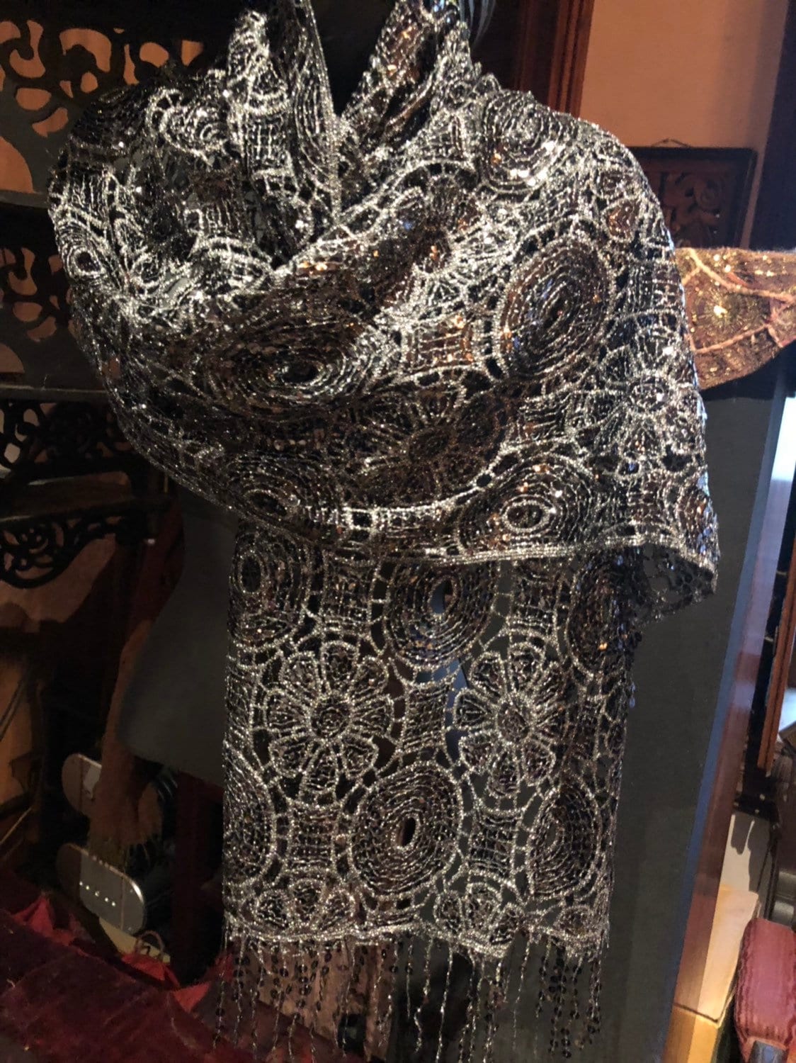 Vintage Styled Sheer Black Flower Sequined Embroidered Wrap Shawl