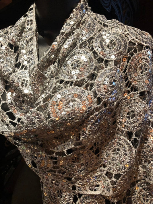 Vintage Styled Sheer Silver Flower Sequined Embroidered Wrap Shawl