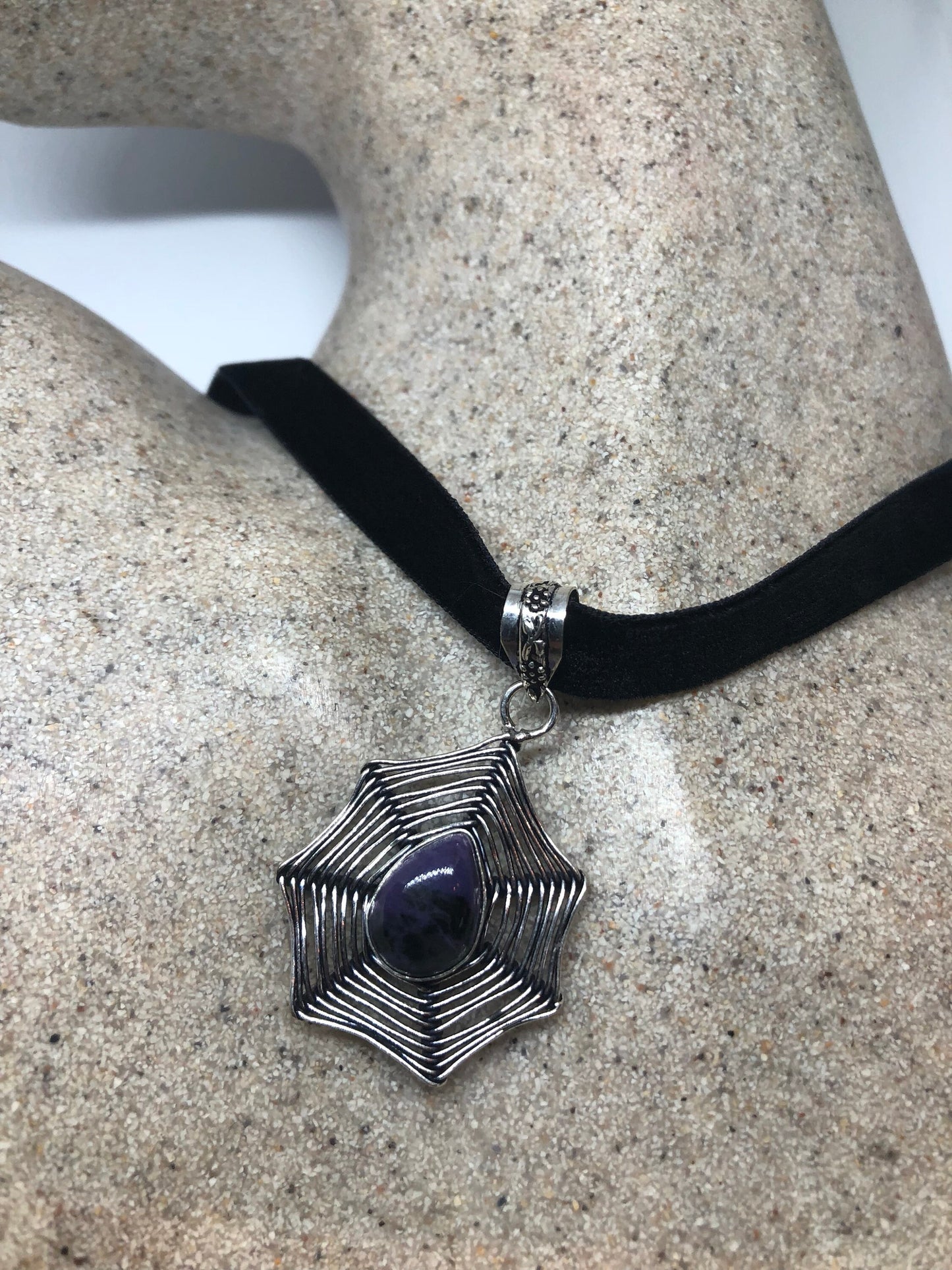 Bohemian Cabochon Cut Droplet Deep Purple Genuine Amethyst Spider Web Necklace