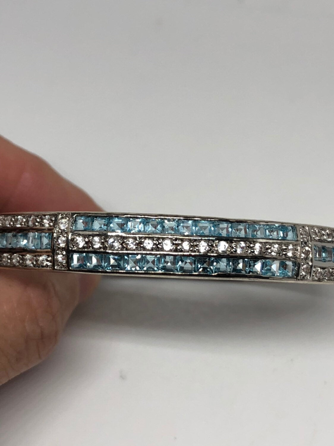 Vintage Blue Topaz White Sapphire 925 Sterling Silver Bangle Bracelet