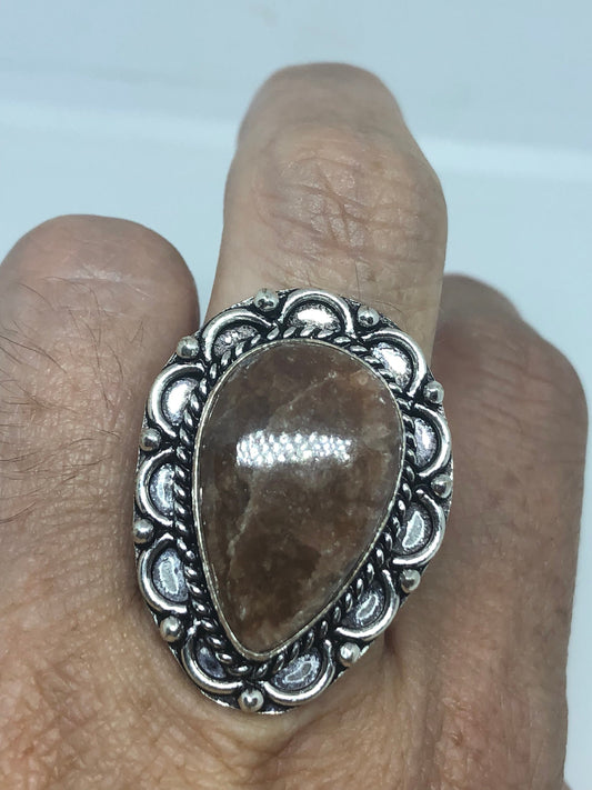 Vintage Handmade Sandstone agate White Bronze Silver Gothic Ring