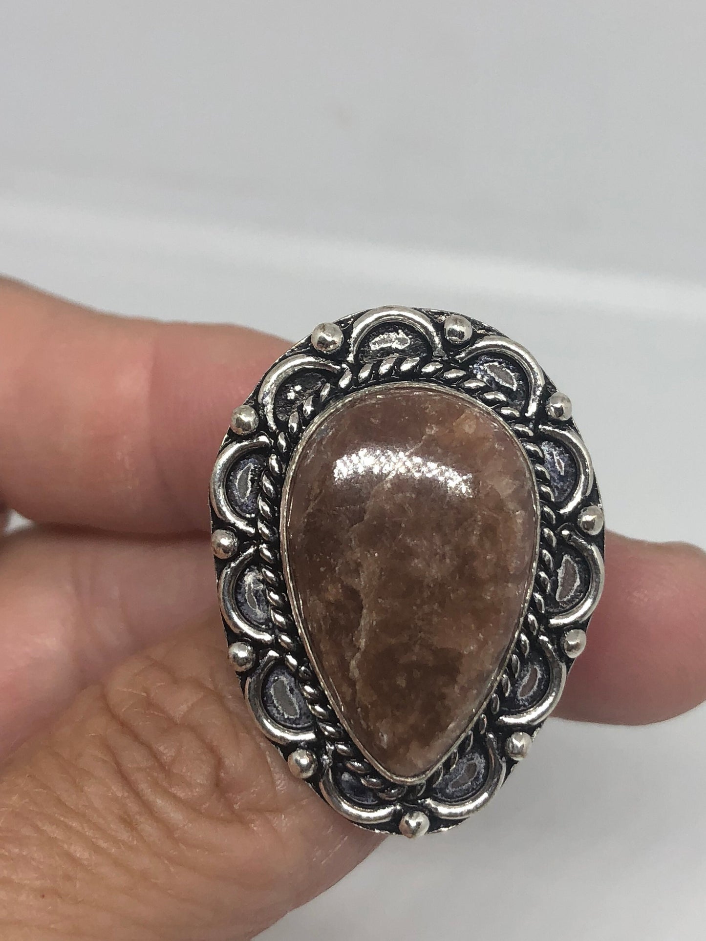 Vintage Handmade Sandstone agate White Bronze Silver Gothic Ring