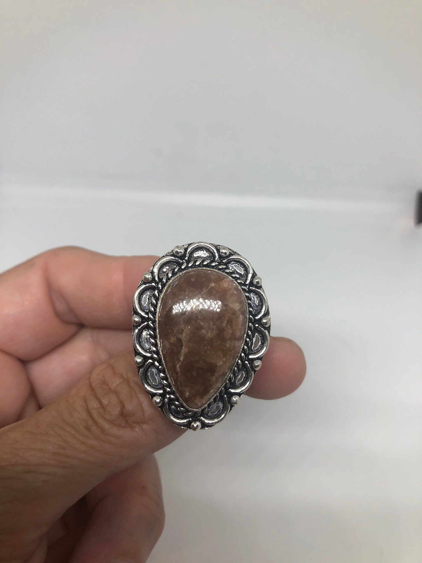 Vintage Handmade Sandstone agate White Bronze Silver Gothic Ring