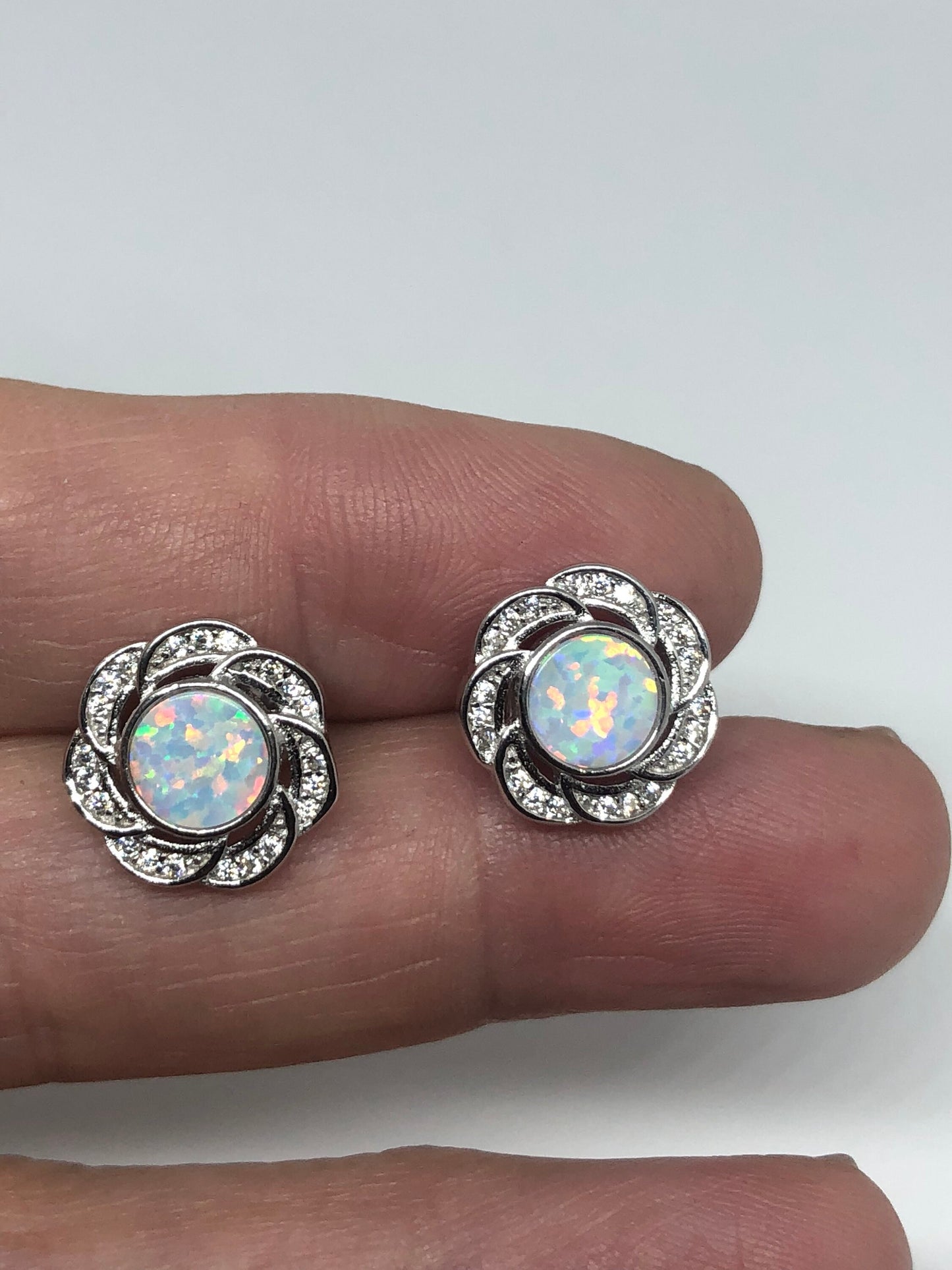 Vintage White Opal Earrings 925 Sterling Silver stud button