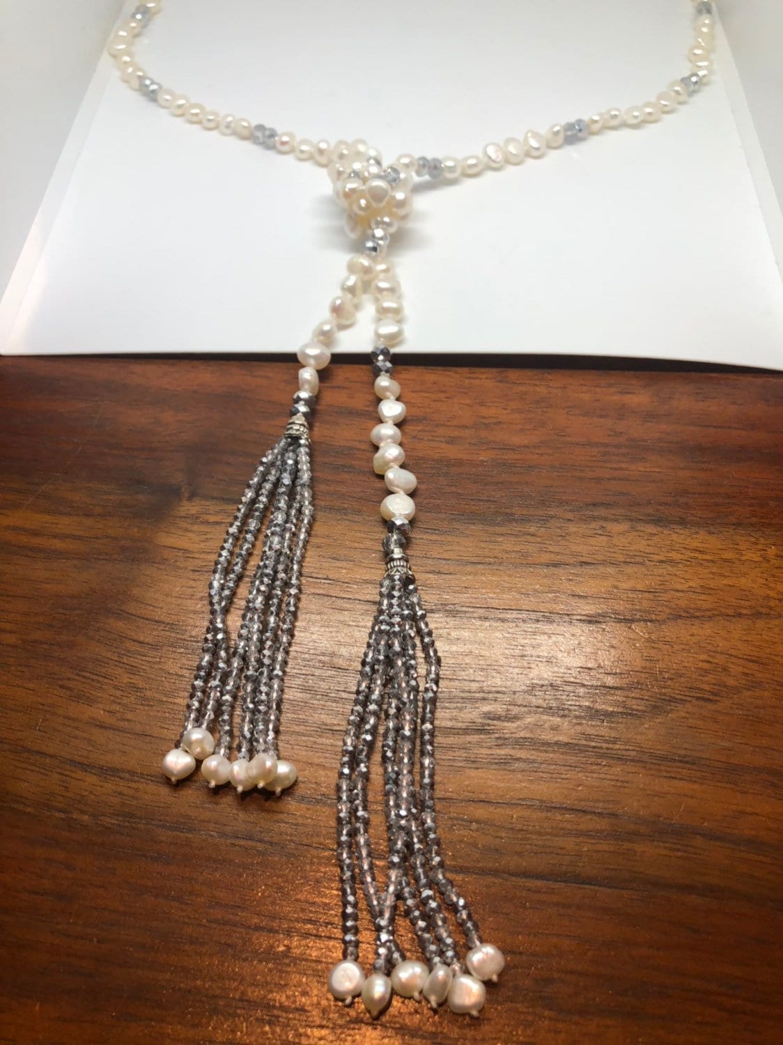 Hand Wrapped White Pearl tassel lariat Necklace