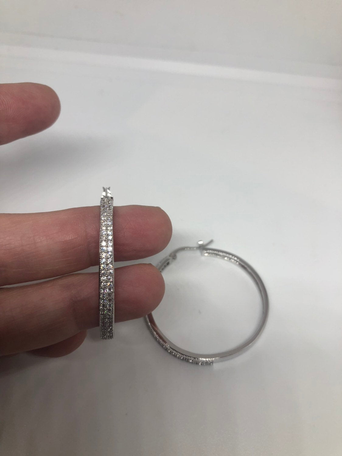 Vintage Hoop Earrings Silver diamond look Austrian Crystal