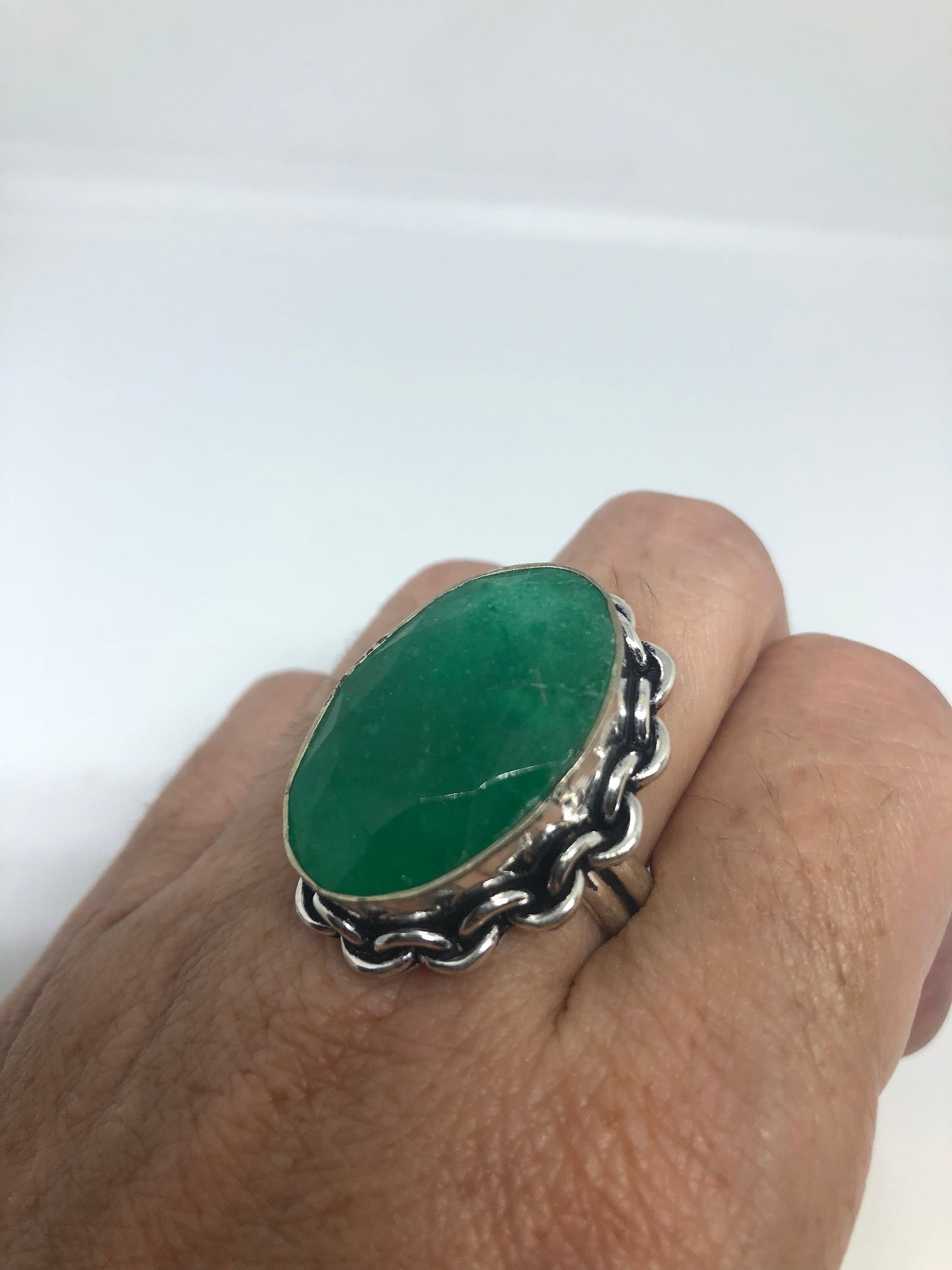 Vintage Green Raw Emerald Silver Bronze Statement Boho Ring