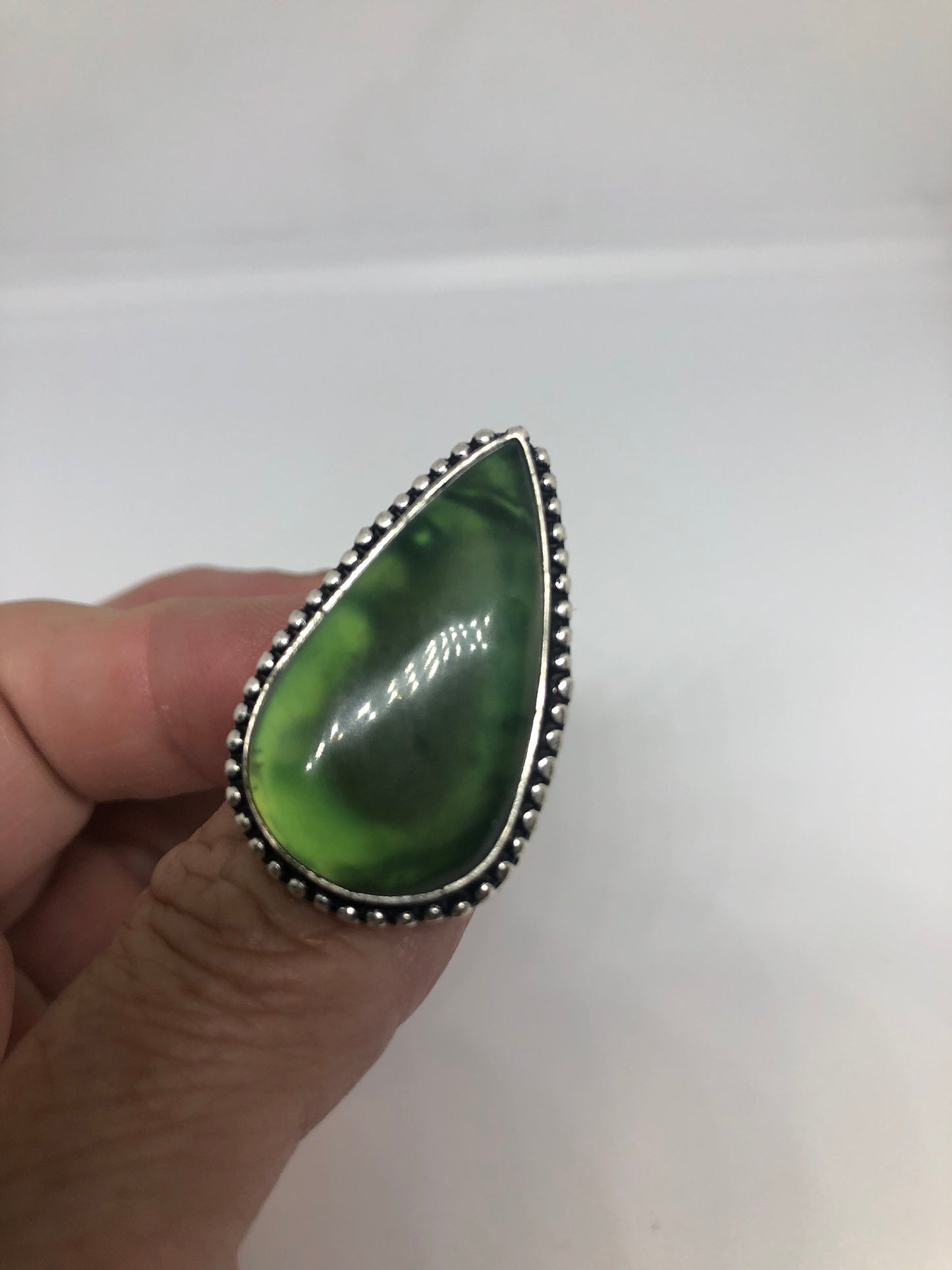 Vintage Green Nephrite Jade Ring About an Inch Long Knuckle Ring