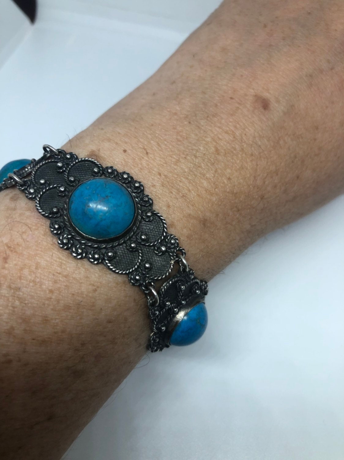 Vintage Victorian 925 Sterling Silver Inlay Turquoise Howlte Statement Bracelet