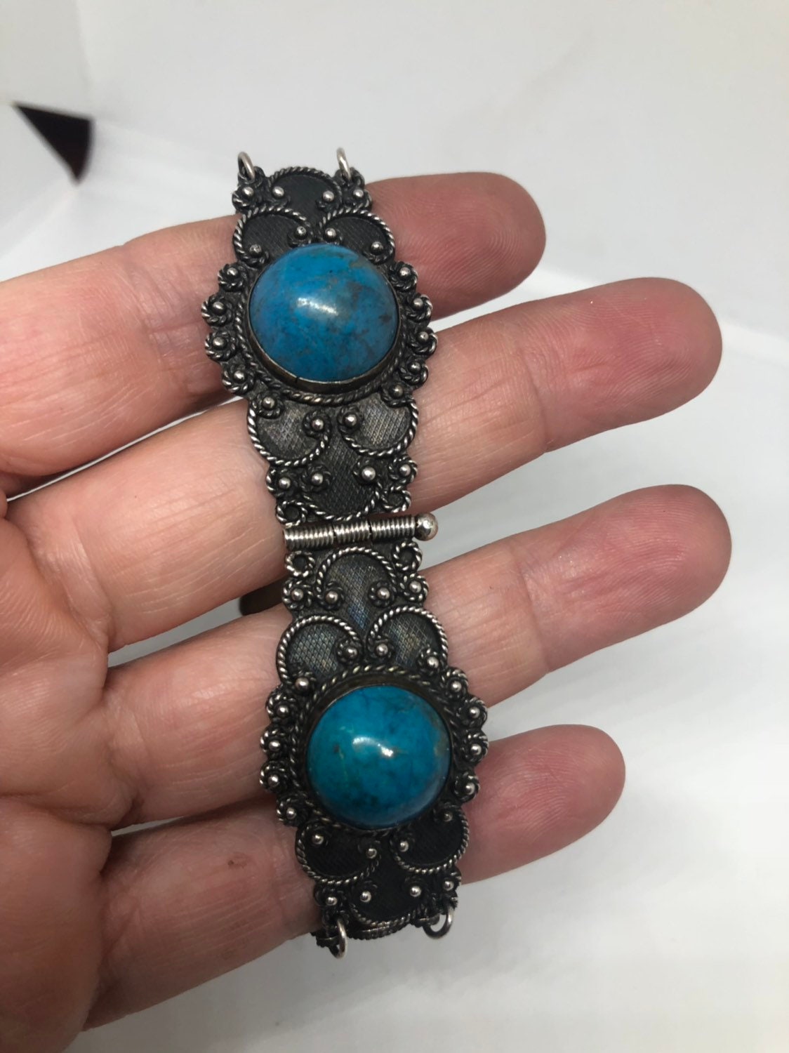 Vintage Victorian 925 Sterling Silver Inlay Turquoise Howlte Statement Bracelet