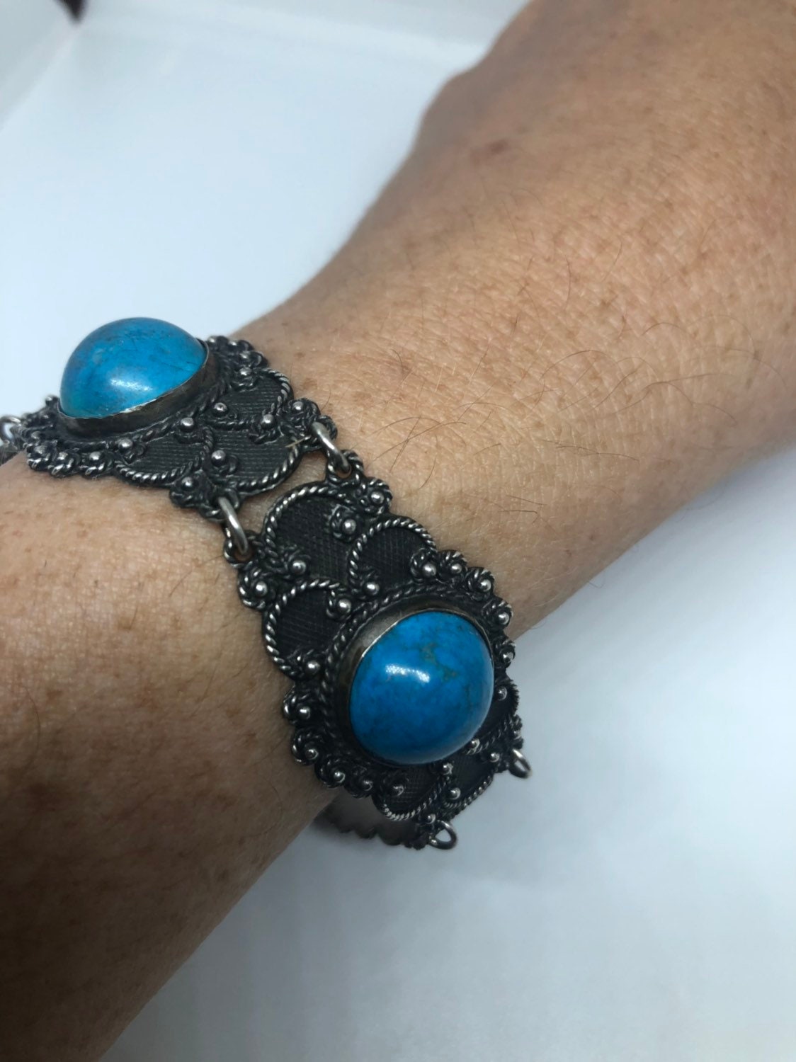 Vintage Victorian 925 Sterling Silver Inlay Turquoise Howlte Statement Bracelet