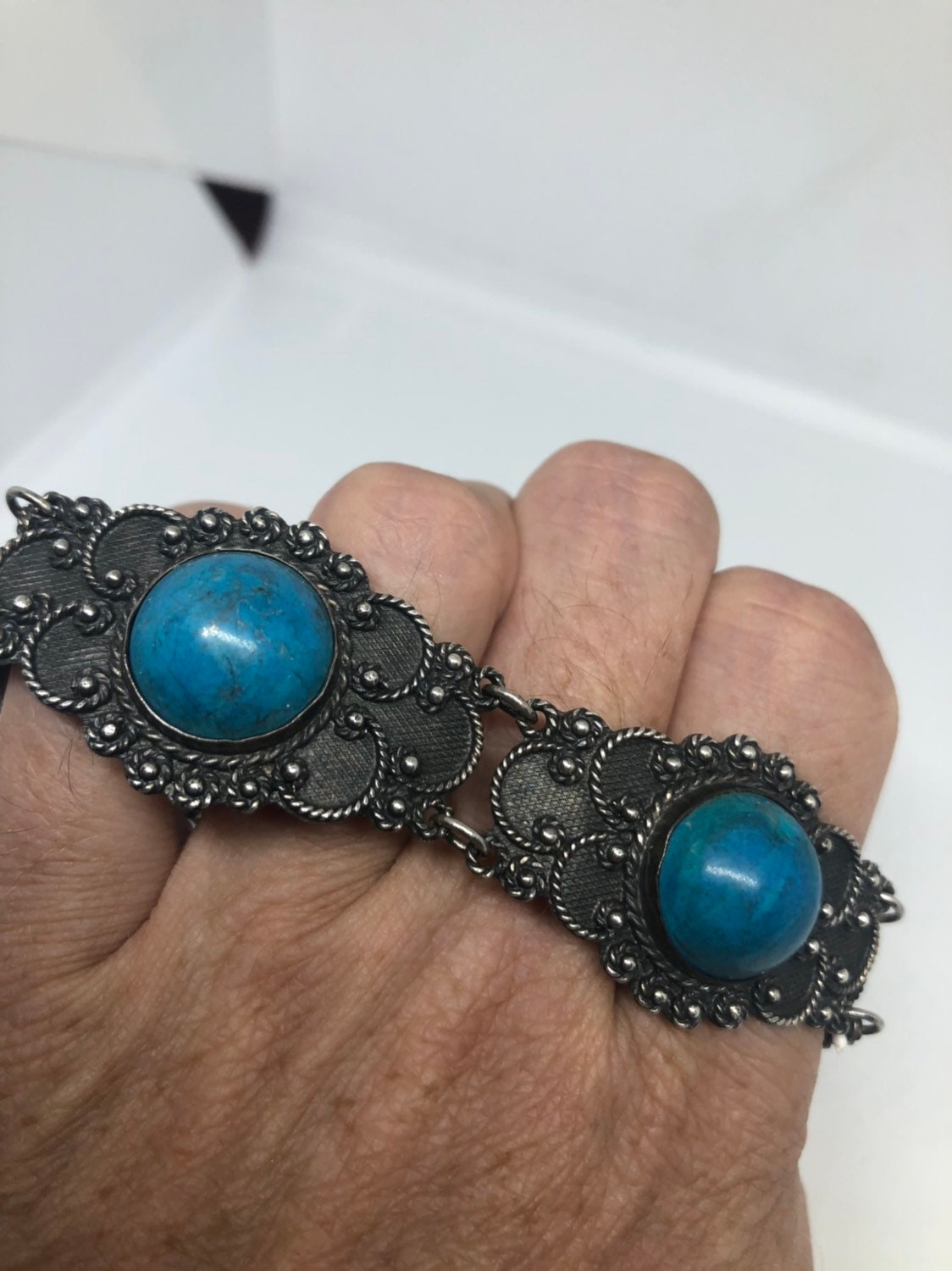 Vintage Victorian 925 Sterling Silver Inlay Turquoise Howlte Statement Bracelet