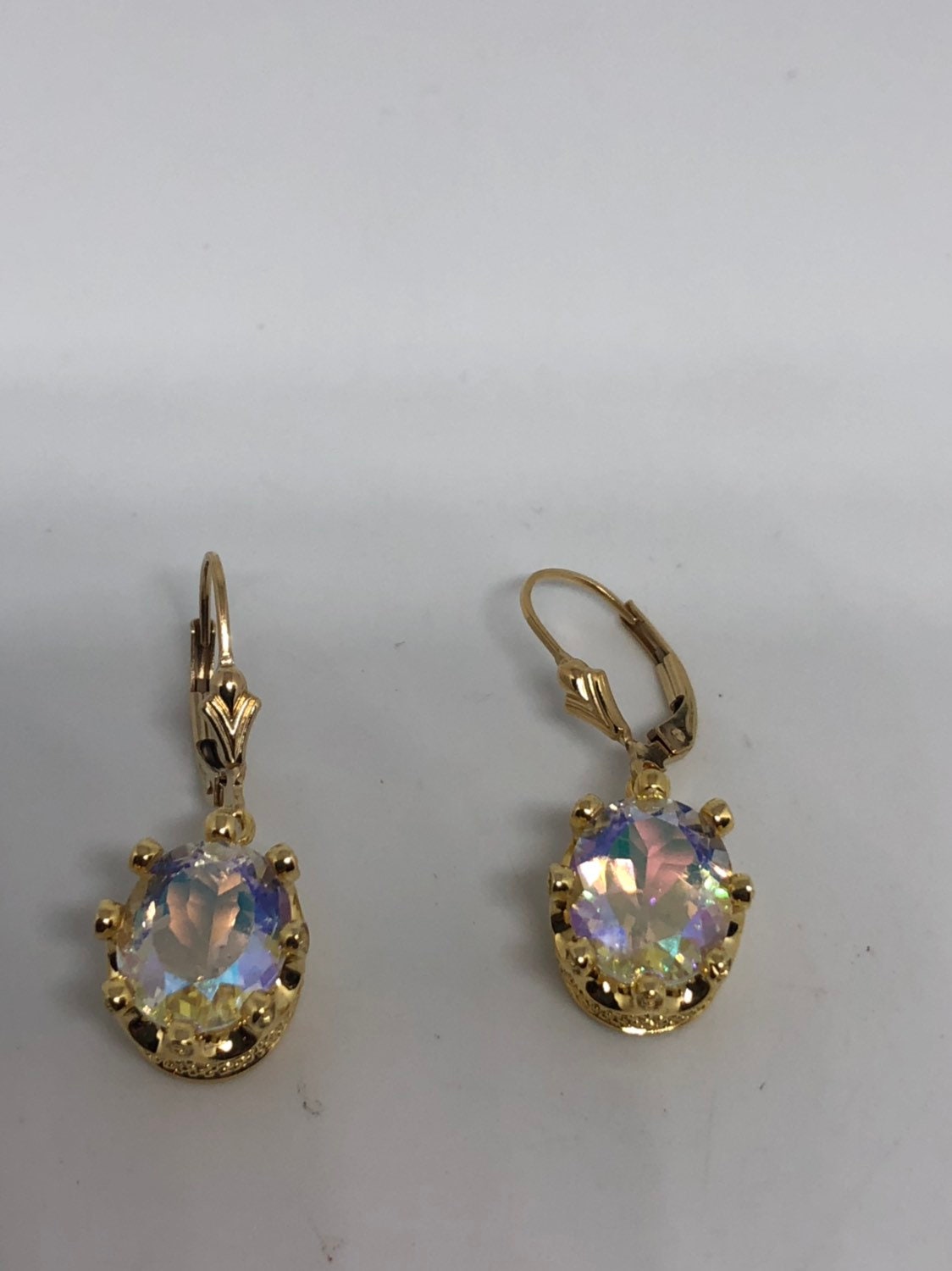 Vintage Opal White Mystic Topaz Earrings Golden Sterling Silver