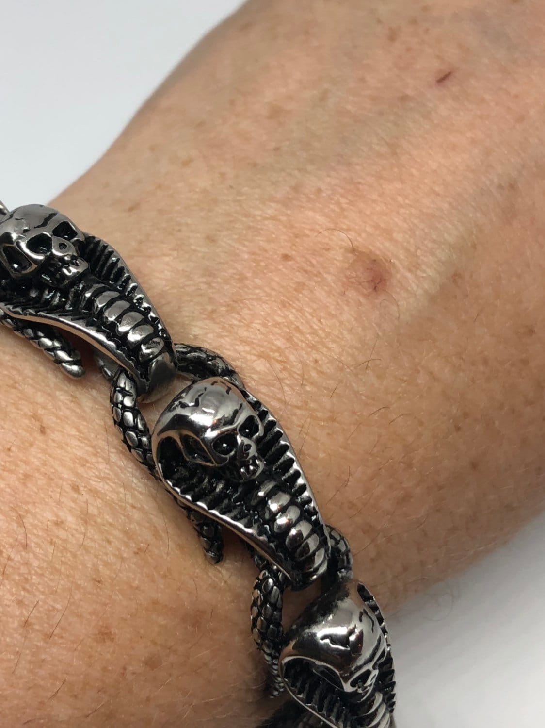 Vintage Style Unisex Mens Stainless Steel Snake Skull Bracelet