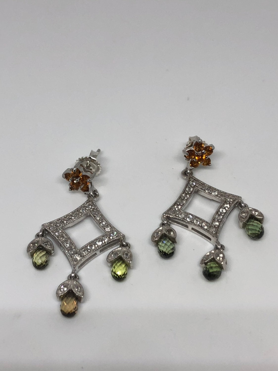 Vintage Genuine Green Amethyst and Citrine 925 Sterling Silver Chandelier Dangle Earrings