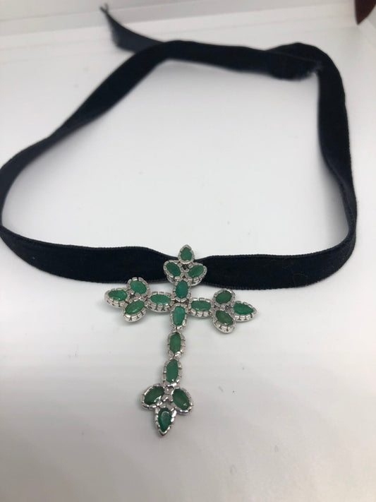 Vintage Green Emerald Choker 925 Sterling Silver Cross Pendant Necklace Velvet Choker