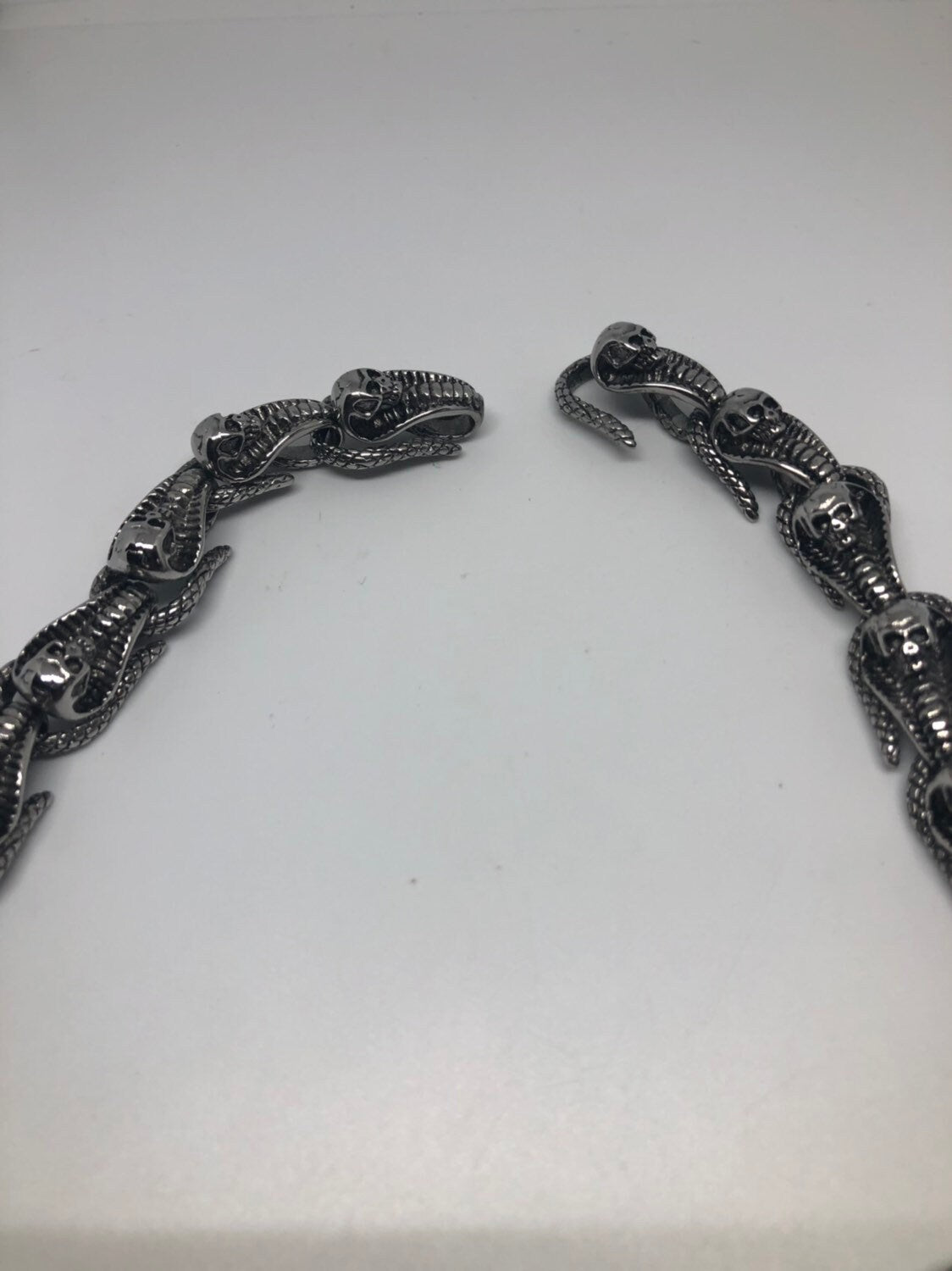 Vintage Handmade Silver Stainless Steel Gothic Cobra Snake Skull Necklace
