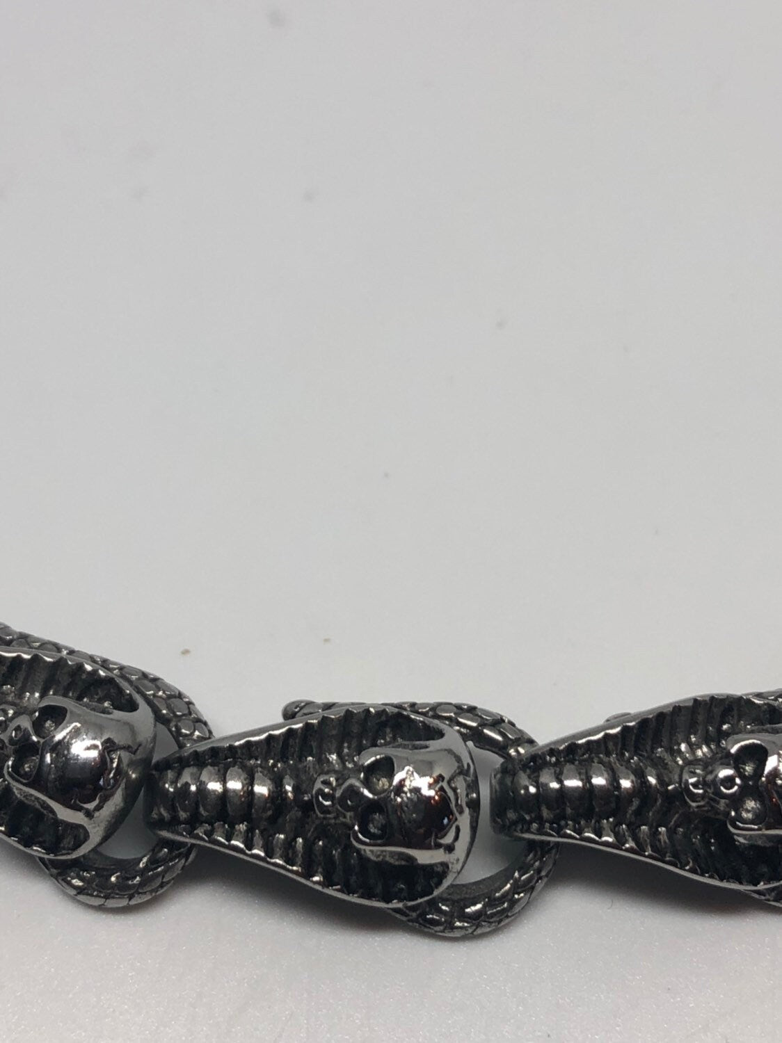 Vintage Handmade Silver Stainless Steel Gothic Cobra Snake Skull Necklace