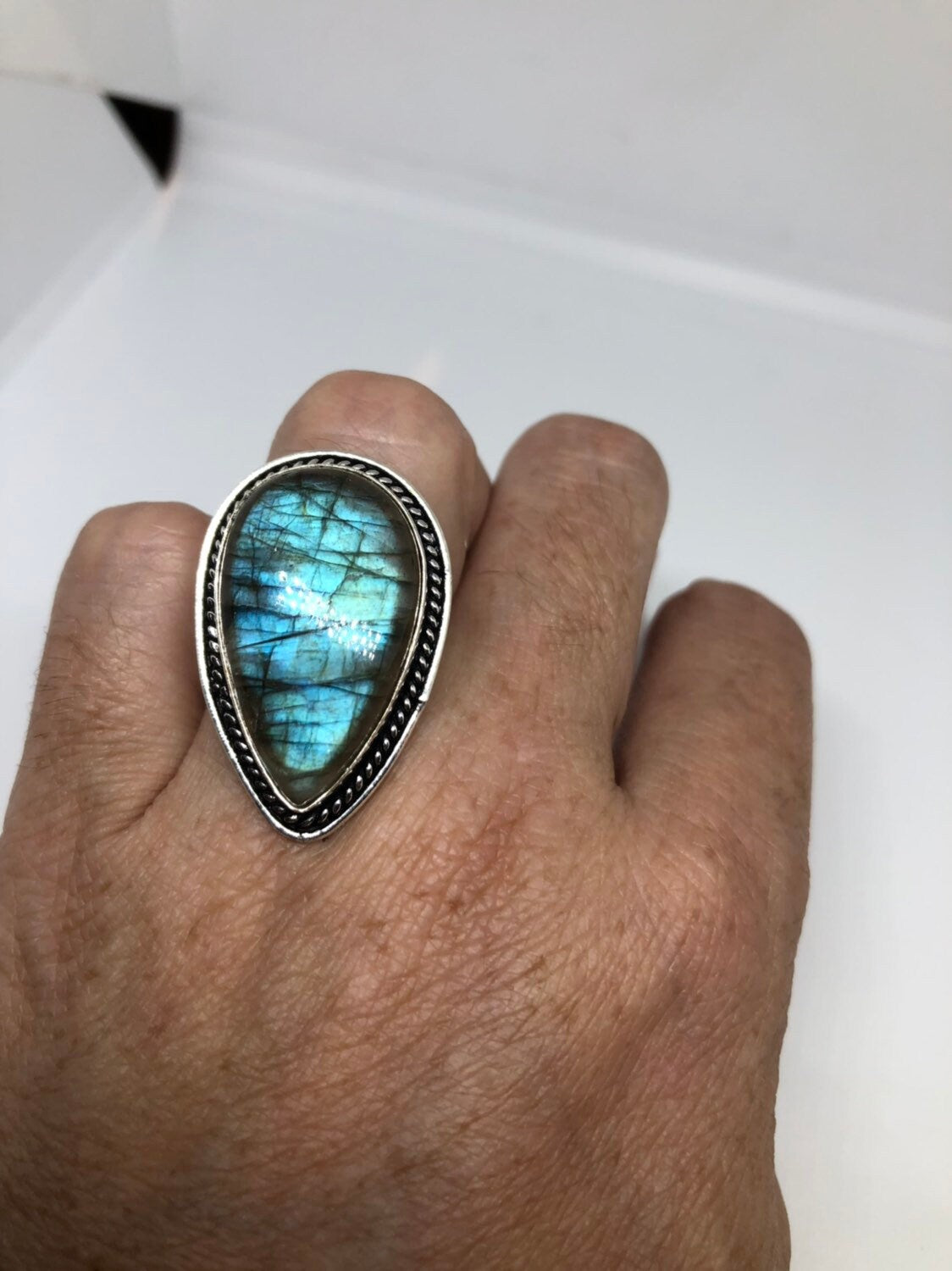 Vintage Large Labradorite Rainbow Moonstone Stone Silver Ring