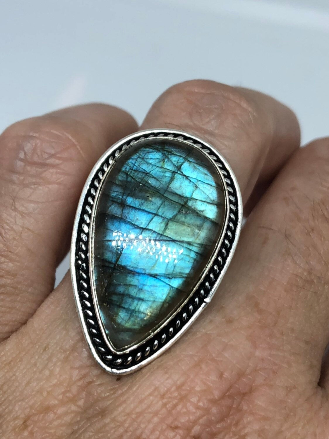 Vintage Large Labradorite Rainbow Moonstone Stone Silver Ring