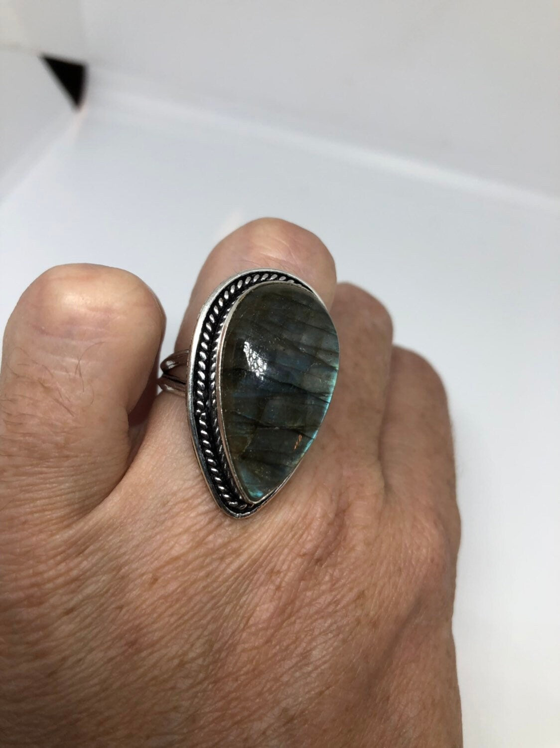 Vintage Large Labradorite Rainbow Moonstone Stone Silver Ring