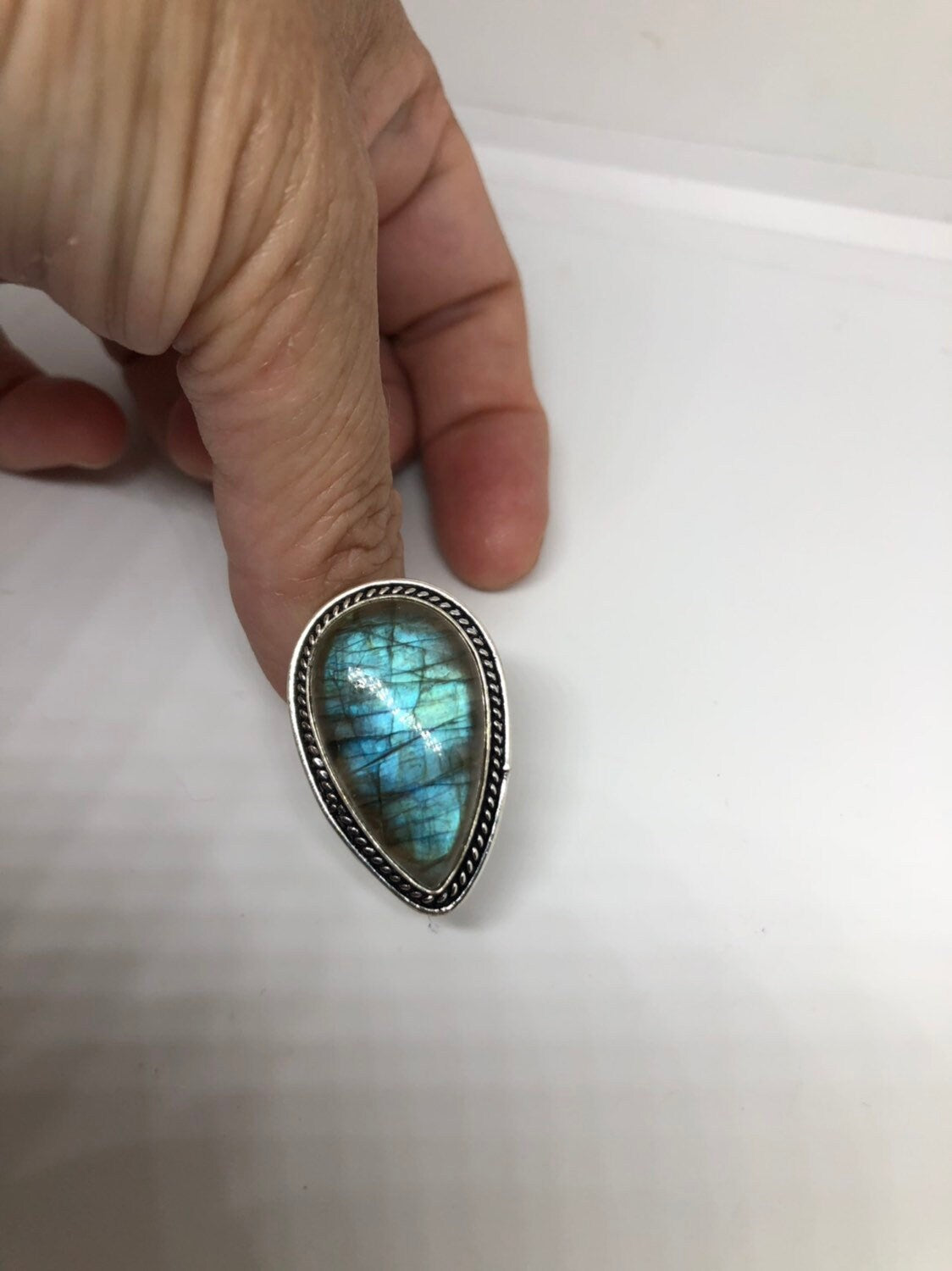 Vintage Large Labradorite Rainbow Moonstone Stone Silver Ring