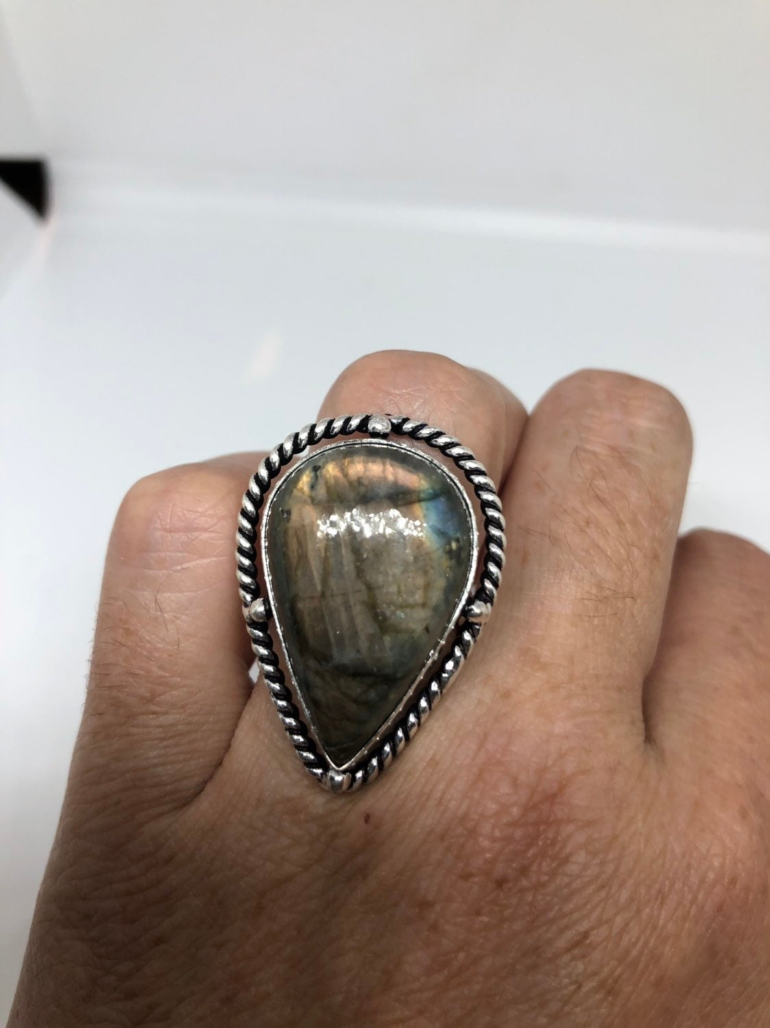 Vintage Large Labradorite Rainbow Moonstone Stone Silver Ring