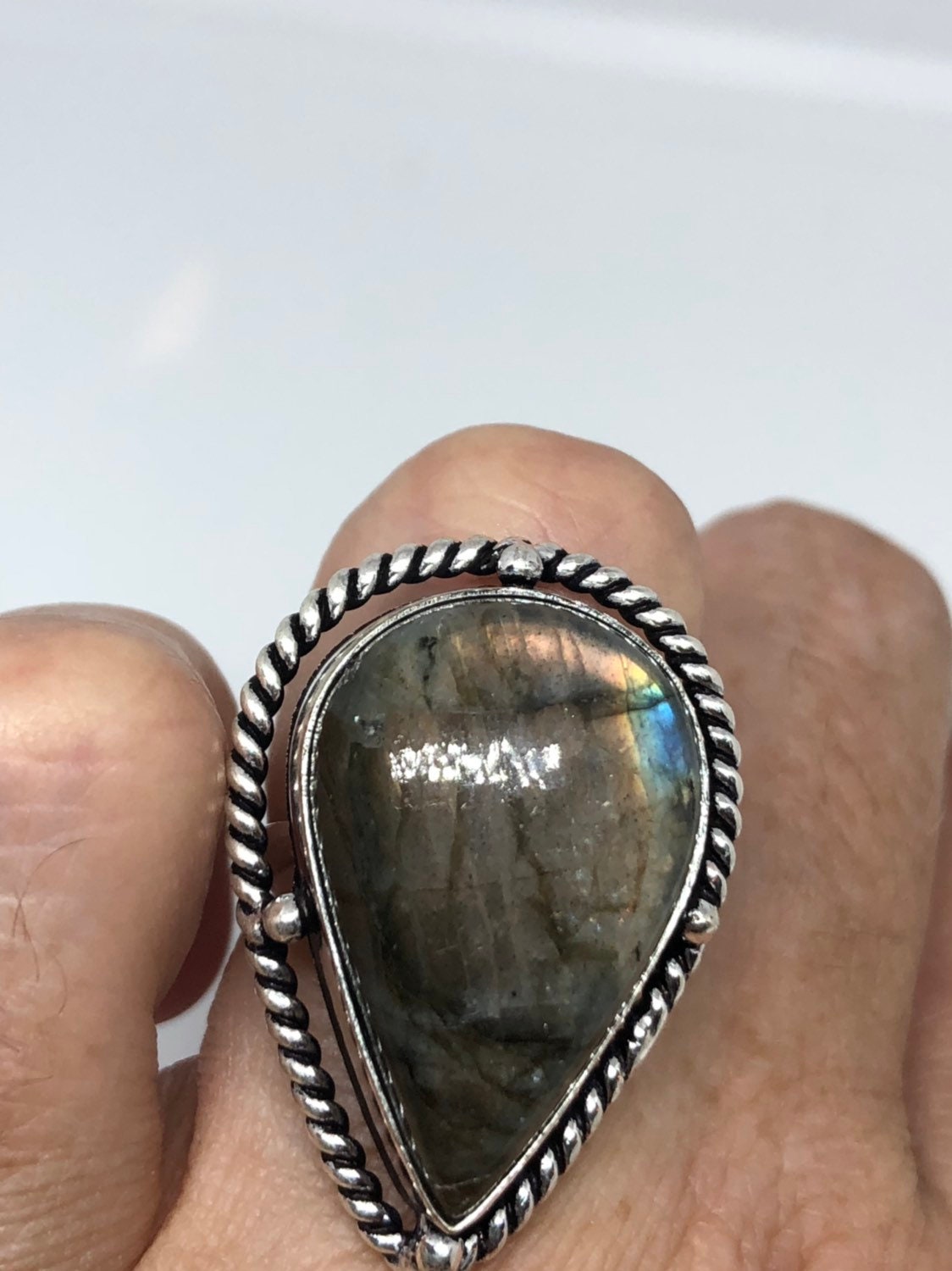 Vintage Large Labradorite Rainbow Moonstone Stone Silver Ring