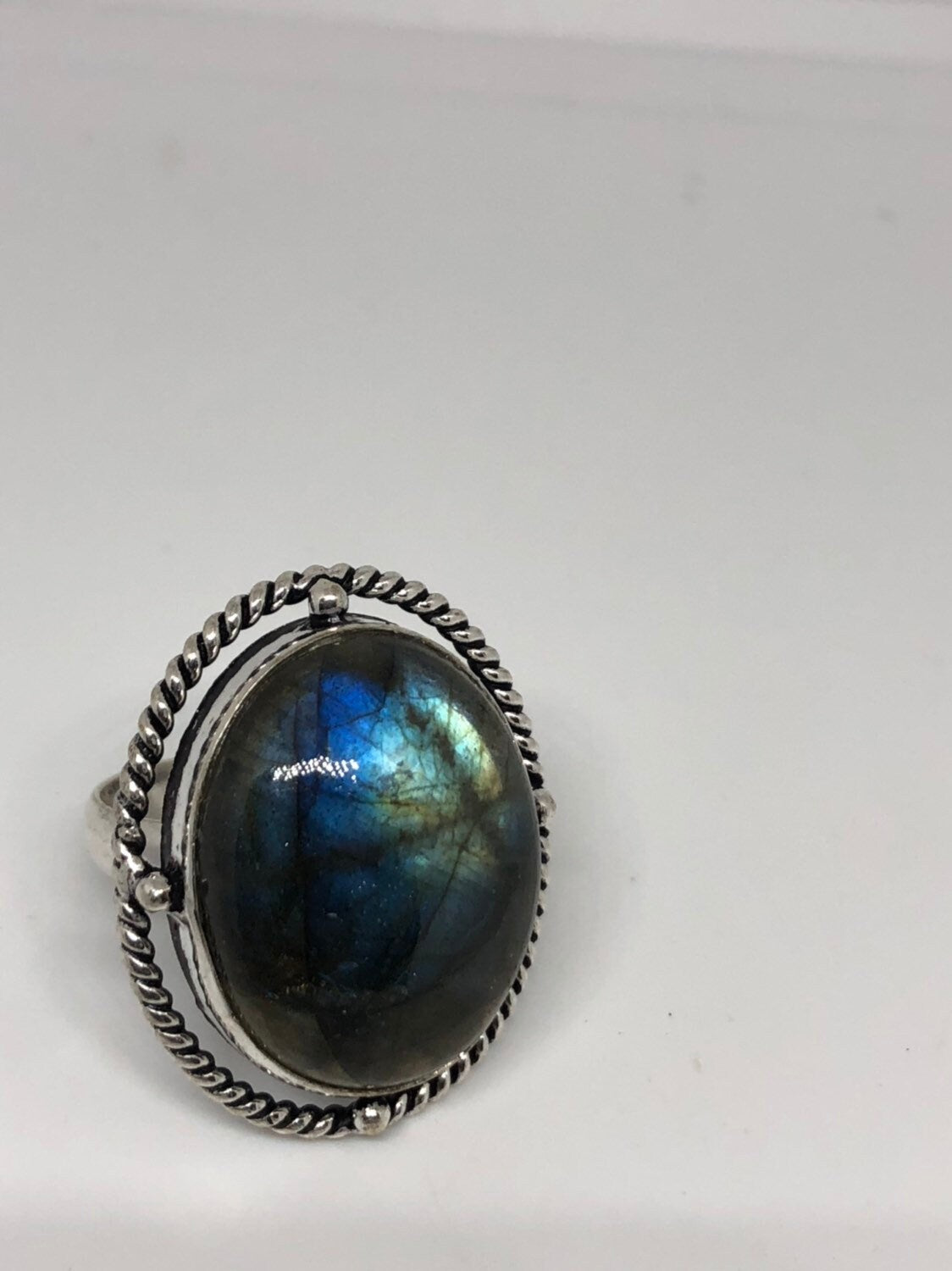 Vintage Large Labradorite Rainbow Moonstone Stone Silver Ring