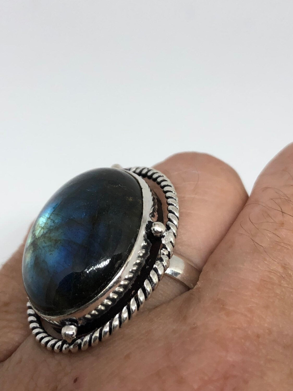 Vintage Large Labradorite Rainbow Moonstone Stone Silver Ring