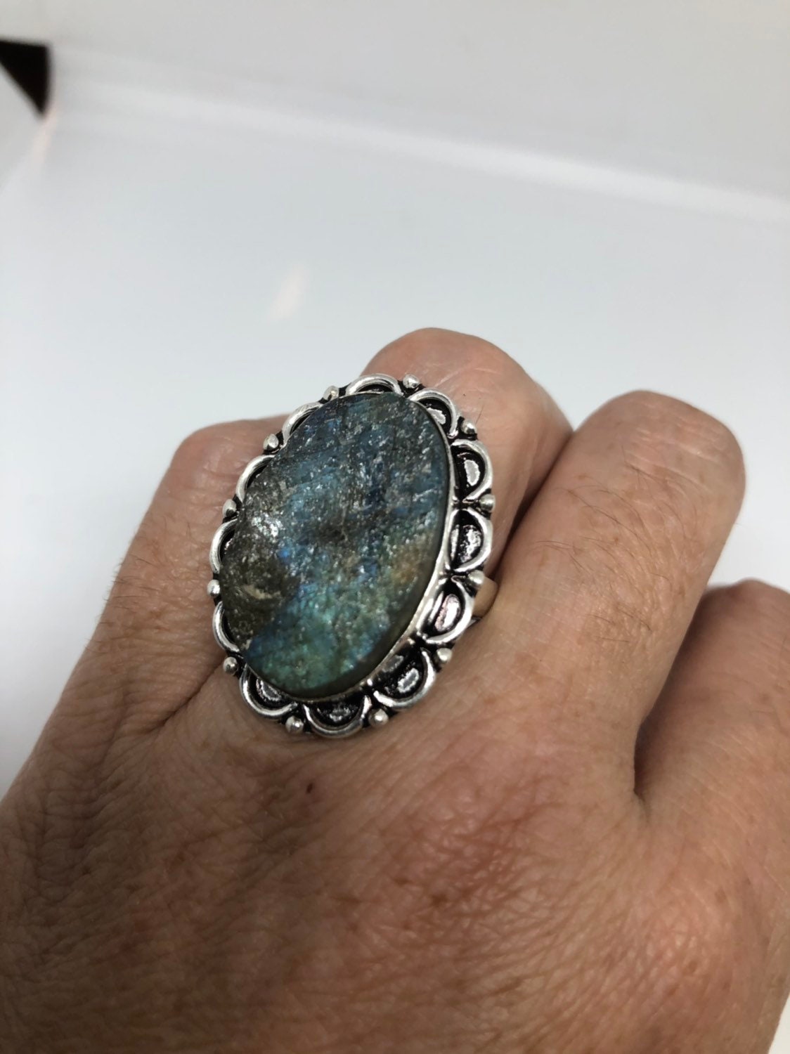 Vintage Large Labradorite Rainbow Moonstone Stone Silver Ring