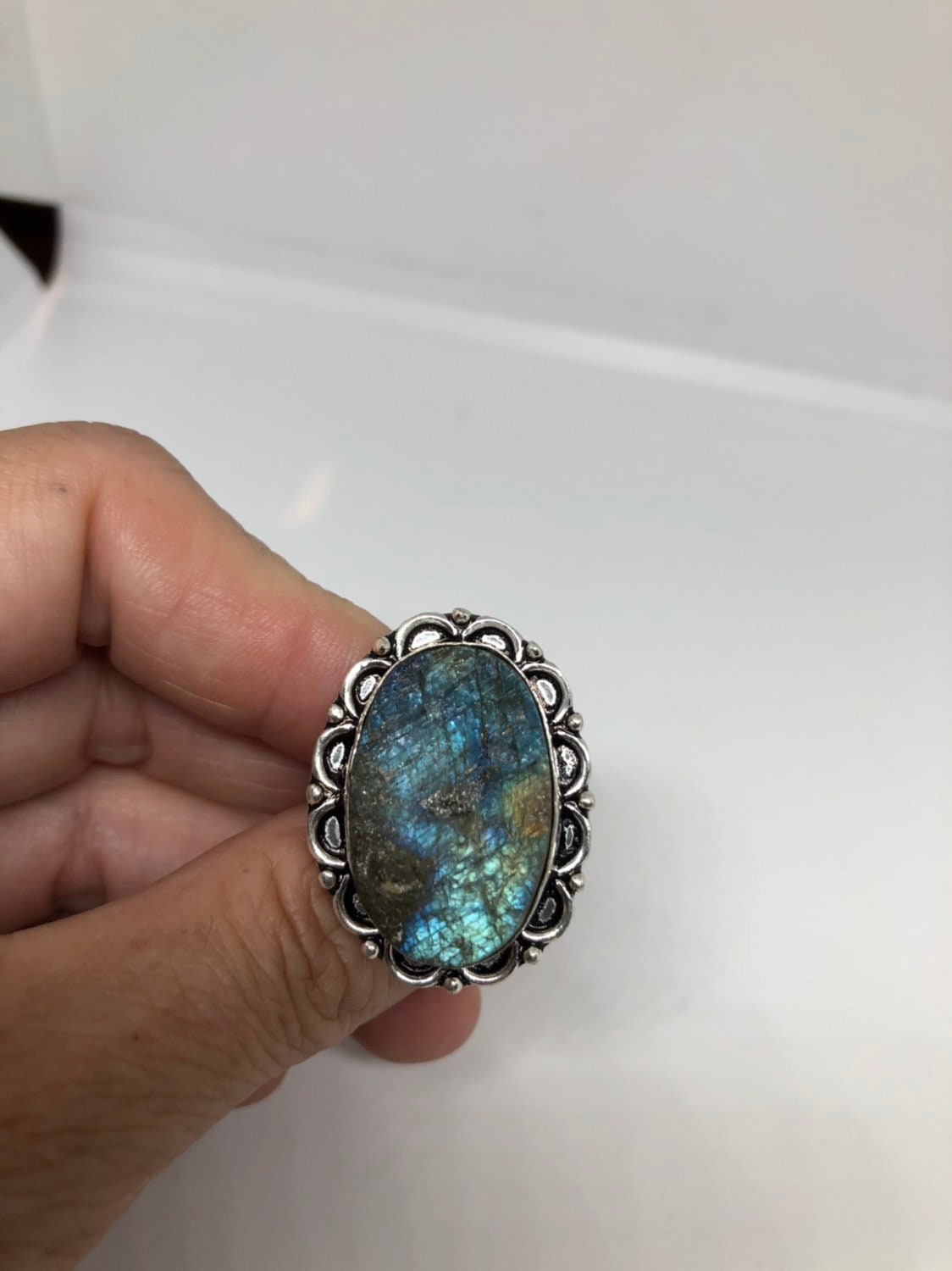 Vintage Large Labradorite Rainbow Moonstone Stone Silver Ring