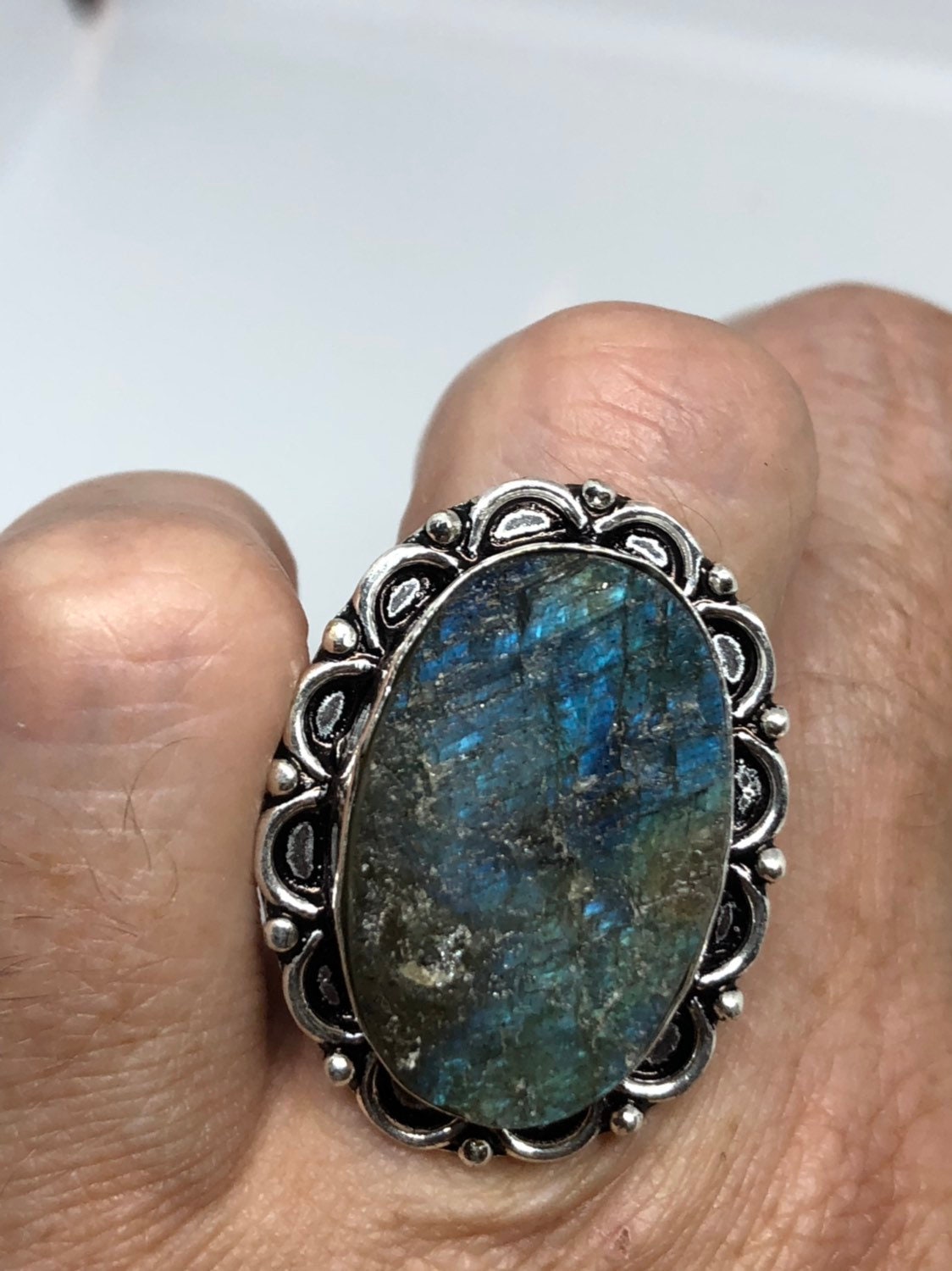 Vintage Large Labradorite Rainbow Moonstone Stone Silver Ring