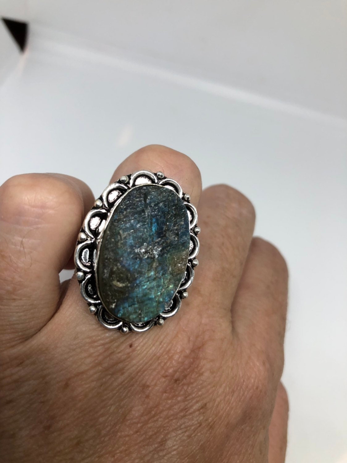 Vintage Large Labradorite Rainbow Moonstone Stone Silver Ring