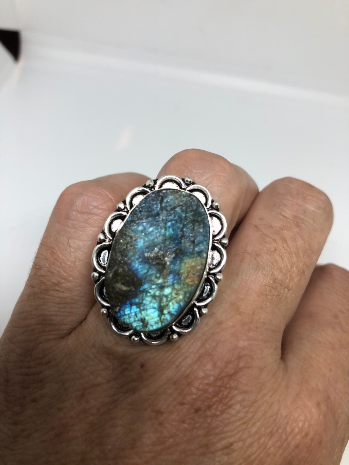 Vintage Large Labradorite Rainbow Moonstone Stone Silver Ring